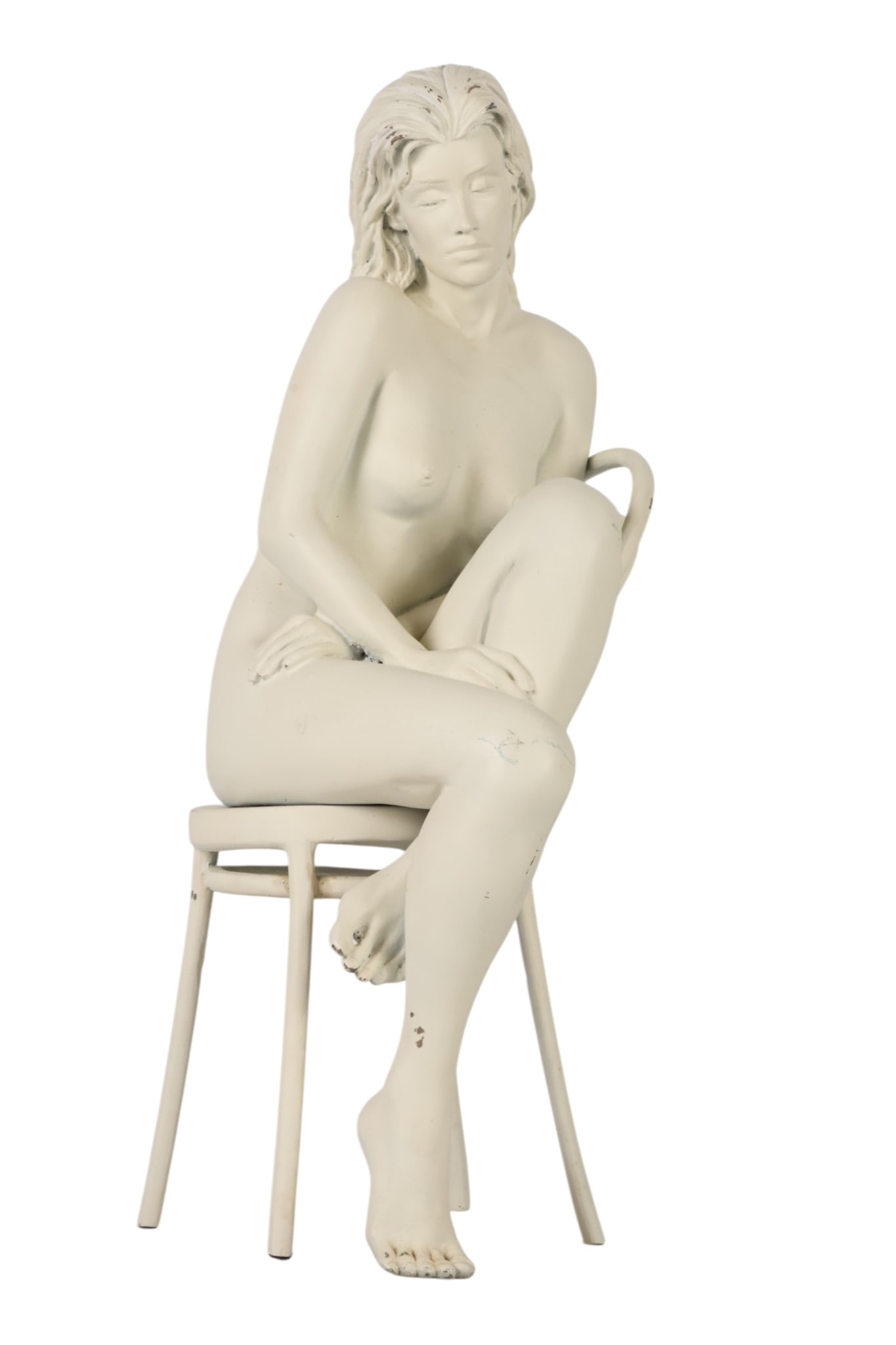 Bill Mack b.1944 "Solitude Maquette" Nude Bronze: Bill Mack (American, born 1944), Solitude Maquette, limited-edition sculpture depicting a seated female nude posed on a stylized chair, finished in matte white. Incised with the artists signature and 