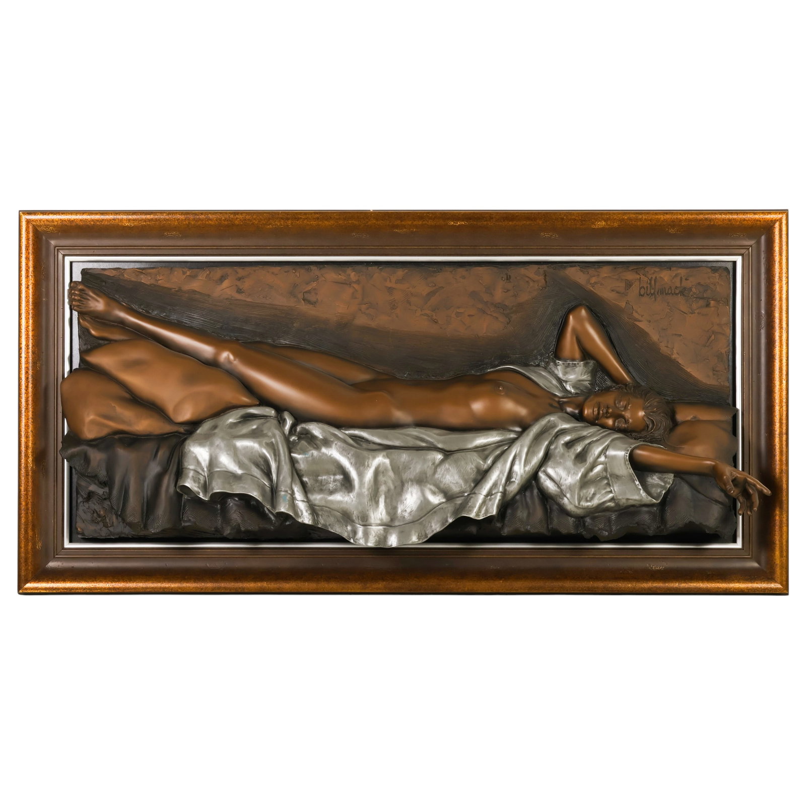 Bill Mack b.1944 "Midnight" Bronzed Nude Sculpture: Bill Mack (American, born 1944), Midnight, limited-edition bonded bronze relief sculpture depicting a reclining female nude partially draped in flowing fabric, rendered in bronze-toned finishes. Incis