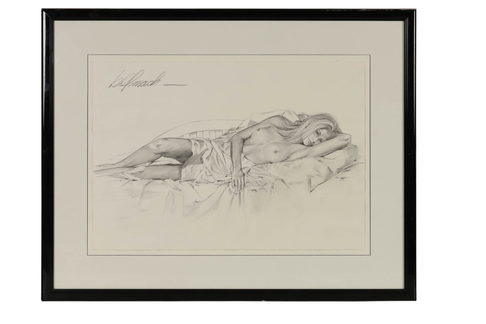 Bill Mack b1944 Hawaiian Tropic Study Nude Drawing: Bill Mack (American, born 1944), "Hawaiian Tropic Study I," 1997, graphite drawing on paper depicting a reclining female nude partially draped in fabric. Signed by the artist upper left. Verso retains