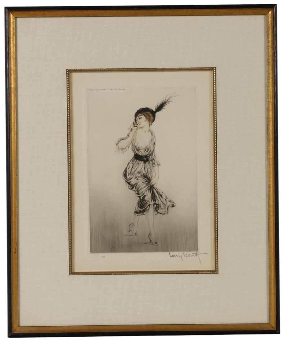 Icart 1888-1950 Fashionable Woman Etching SIGNED: Louis Icart (French, 1888-1950), Fashionable Young Woman, Art Deco etching on paper depicting an elegantly dressed woman wearing a feathered hat. Signed lower right, inscribed "146" lower left, and be