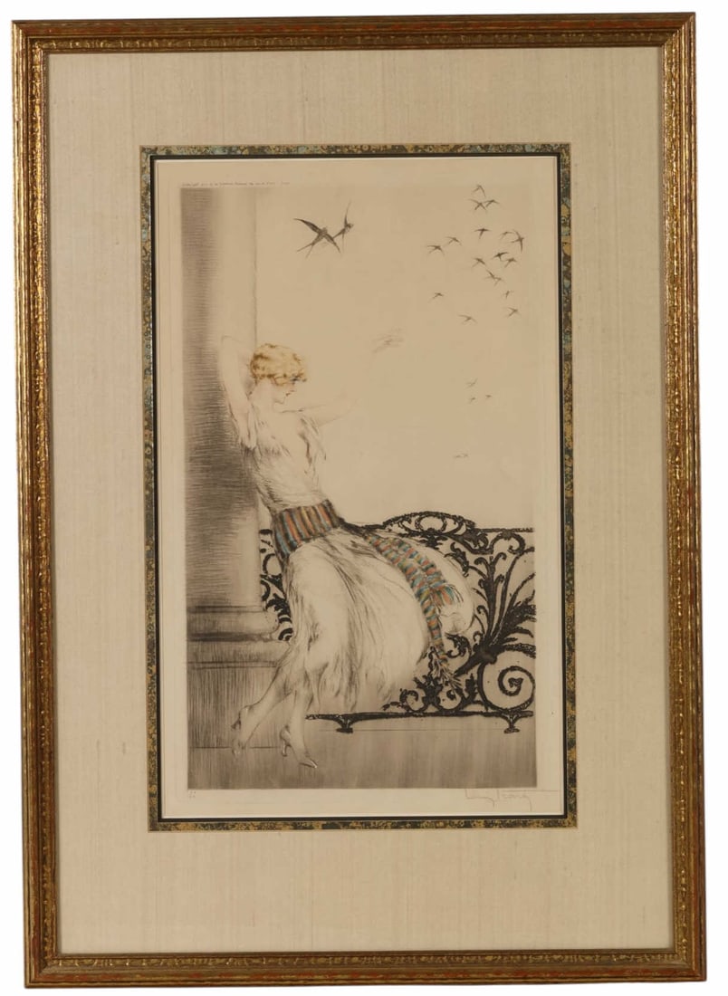 Louis Icart 1888-1950 Swallows Deco Etching SIGNED: Louis Icart (French, 1888-1950), Swallows, 1926, Art Deco color etching on paper depicting an elegant seated woman with a flock of swallows overhead. Signed lower right, inscribed "85" lower left, and