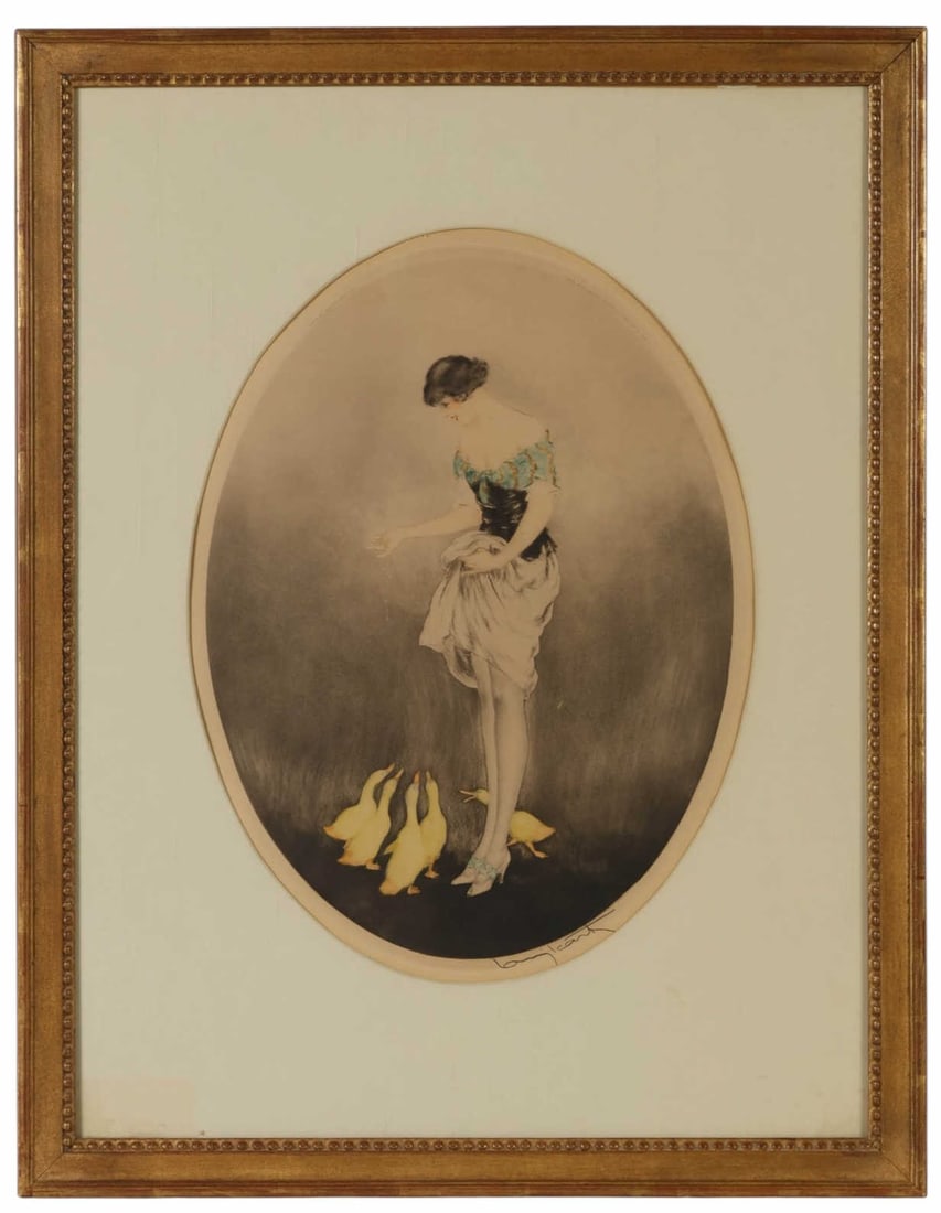 Louis Icart 1888-1950 Woman & Ducks Etching SIGNED: Louis Icart (French, 1888-1950), Snack (Le Gouter), 1927, Art Deco color etching on paper depicting an elegantly dressed woman feeding a group of ducks. Signed lower right, bearing a blind stamp lower