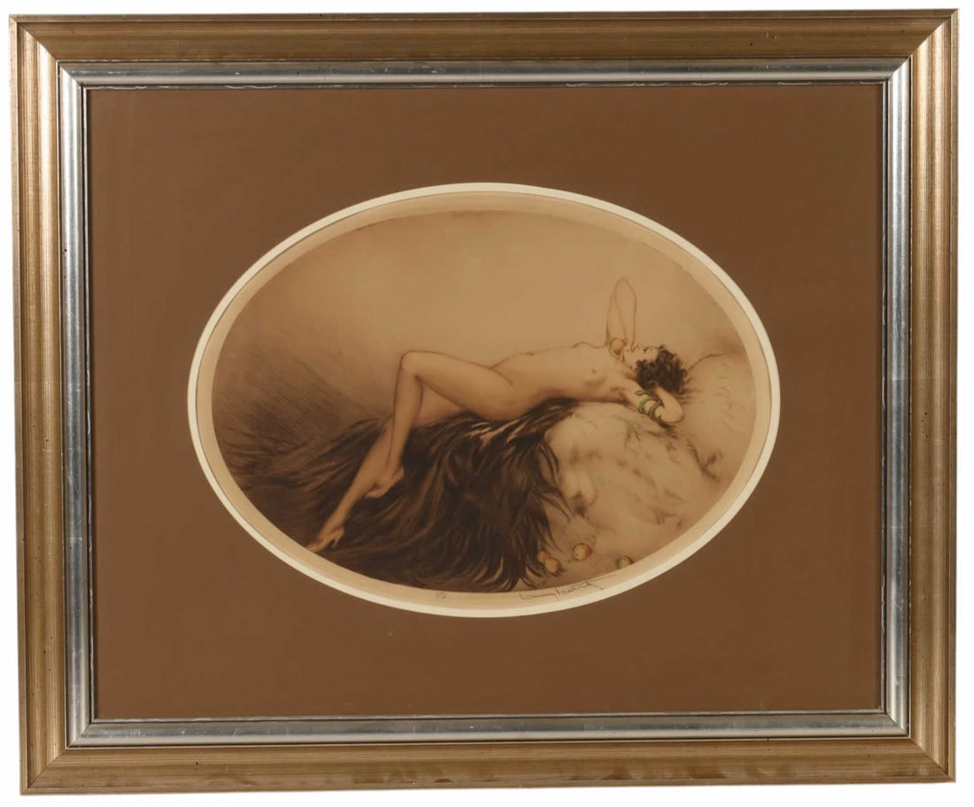 Louis Icart 1888-1950 Eve Art Deco Etching SIGNED: Louis Icart (French, 1888-1950), Eve, Art Deco color etching on paper depicting a nude woman reclining on fur beside scattered fruit. Signed lower right, numbered and bearing a blind stamp lower left,