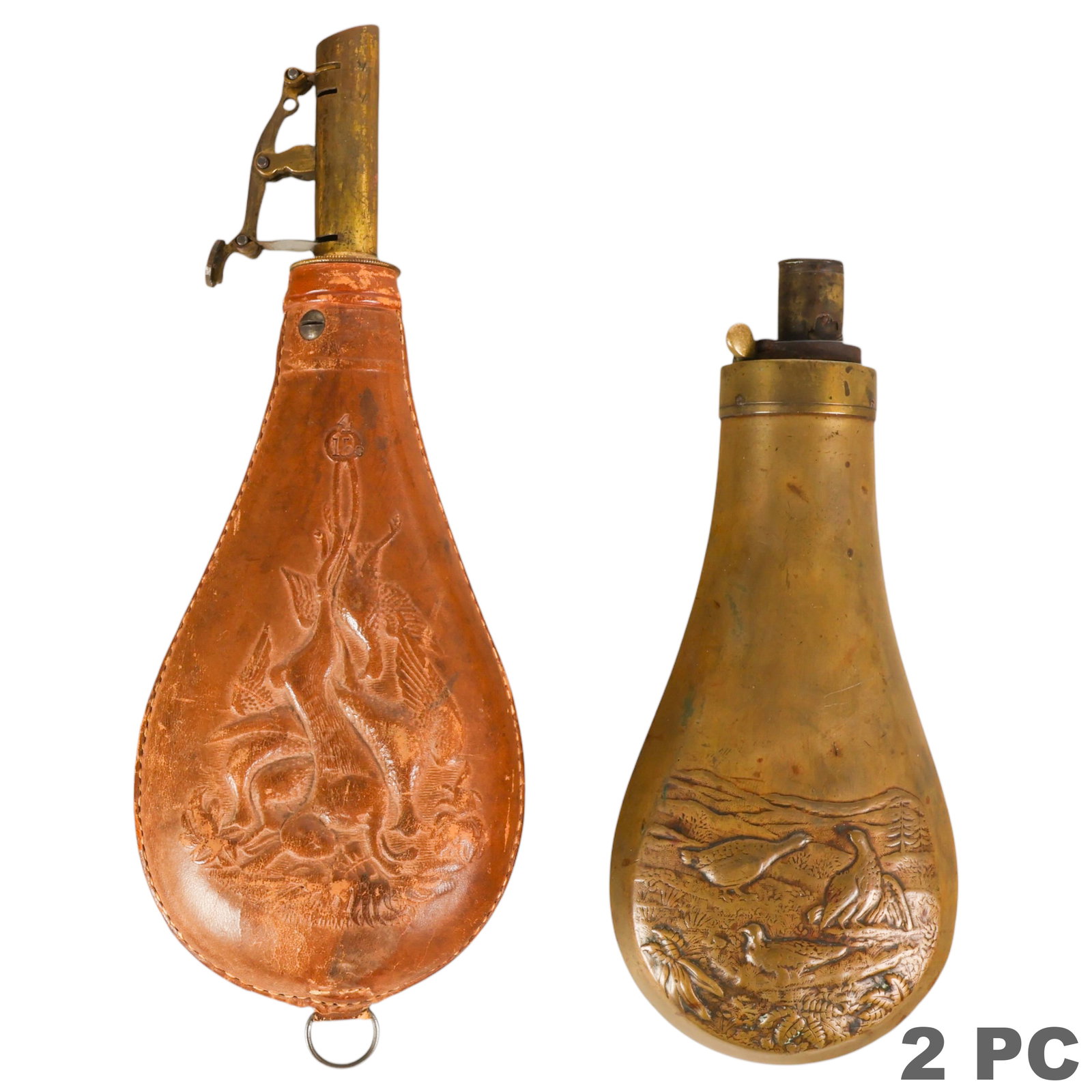 Antique Leather and Brass Gun Powder Flask 2pc LOT (1 of 7)