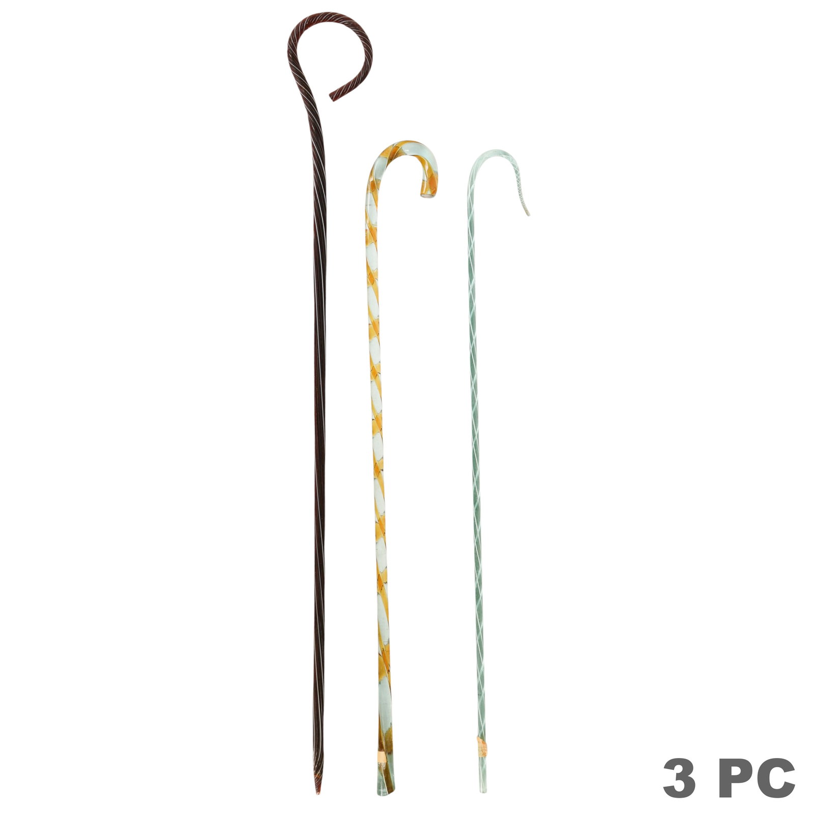 Murano Style Studio Art Glass Walking Sticks LOT: Three vintage Murano-style hand-blown art glass walking sticks or parade canes, comprising a dark glass example with spiraling white decoration, an aquamarine example with white twisted lattice decora