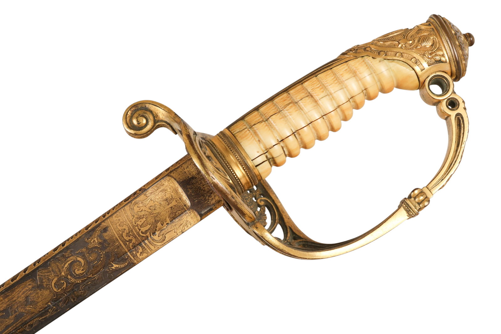Antique European Officers Style Ornate Dress Saber: Antique French officer's-style dress saber featuring a curved steel blade with gilt-etched decoration, including foliate scrollwork, military trophies, the crowned royal arms, and the inscription "Ant