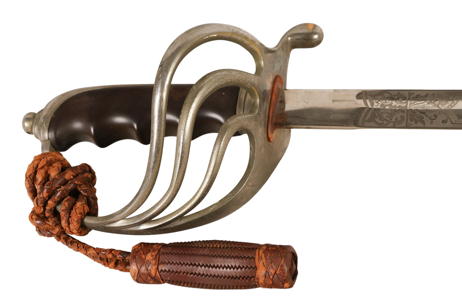 German-Made U.S. Model 1902 Army Officer's Saber: German-made U.S. Model 1902 Army officer's-style saber featuring a slightly curved etched steel blade decorated with foliate scrollwork, military motifs, and a spread-wing American eagle bearing a shi