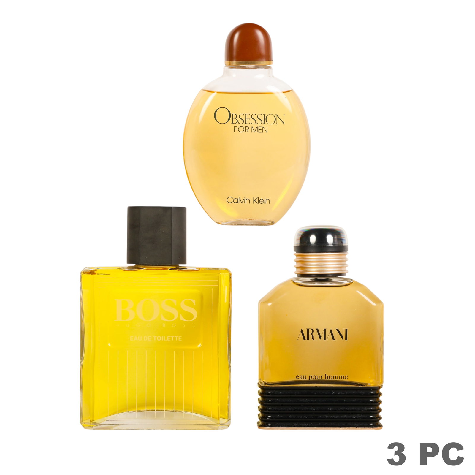 Hugo Boss Armani Calvin Klein Factice Perfume LOT: Three decorative factice mens cologne display bottles comprising Hugo Boss Boss Eau de Toilette, Giorgio Armani Armani Pour Homme, and Calvin Klein Obsession for Men. Each is modeled after the respect