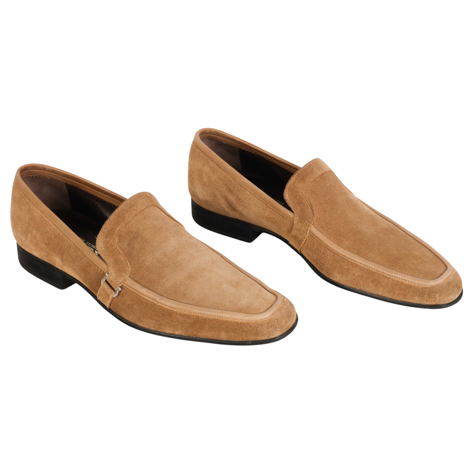 Salvatore Ferragamo Mens Taupe Suede Loafers 12 D: Salvatore Ferragamo men's taupe suede loafers, Made in Italy, featuring a streamlined slip-on silhouette with tonal leather piping, squared apron-style toes, and polished silver-tone side buckle accen