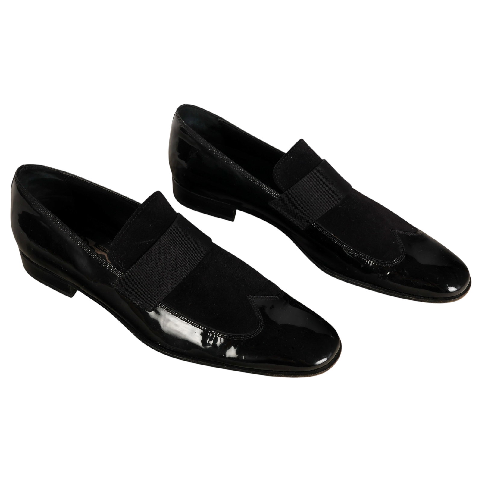 Salvatore Ferragamo Black Bryden Loafers Sz 11.5 D: Salvatore Ferragamo men's "Bryden" black tuxedo loafers, made in Italy, crafted in glossy black patent leather and black suede with grosgrain banding across the vamp, almond-shaped toes, and stacked h