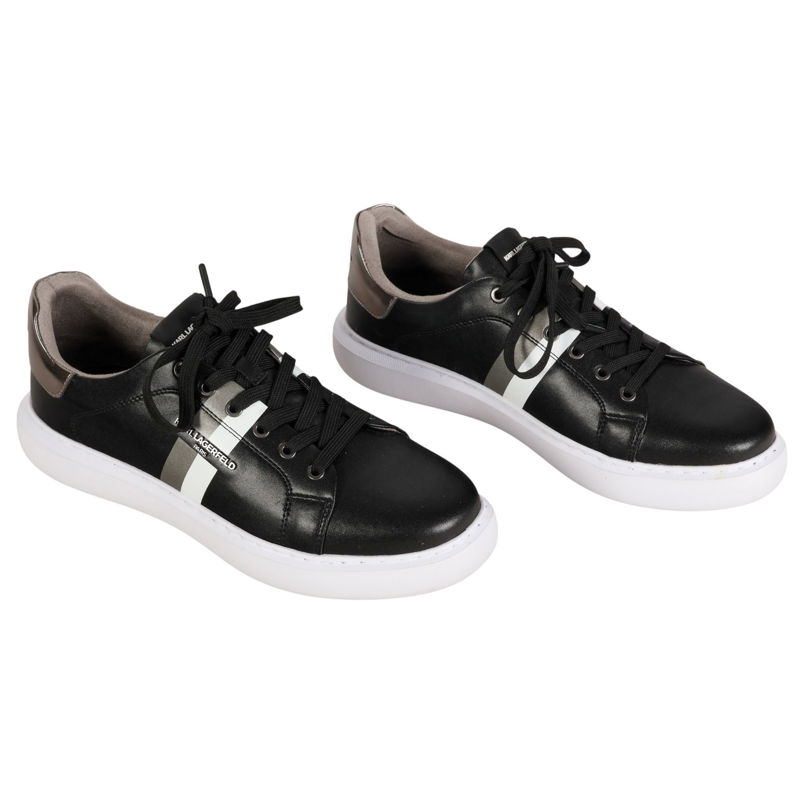 Karl Lagerfeld Black White Stripe Sneaker Size 12: Karl Lagerfeld Paris luxury designer men's Side Stripe Logo sneakers, crafted in black leather with contrasting white and gray side stripe detailing, black lace-up closure, padded tongue with Karl Lag