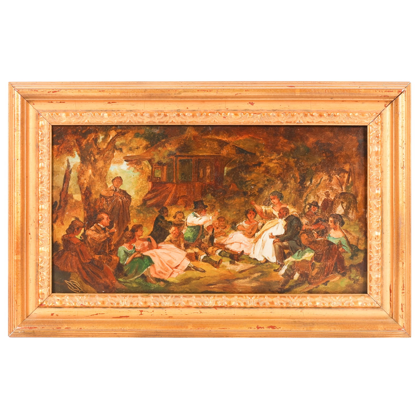 Carl Spitzweg 1808-1885 Figural Landscape Painting: Carl Spitzweg (German, 1808-1885), antique oil on wood panel painting depicting an outdoor gathering scene with elegantly dressed figures beneath trees in a wooded landscape beside a rustic structure.