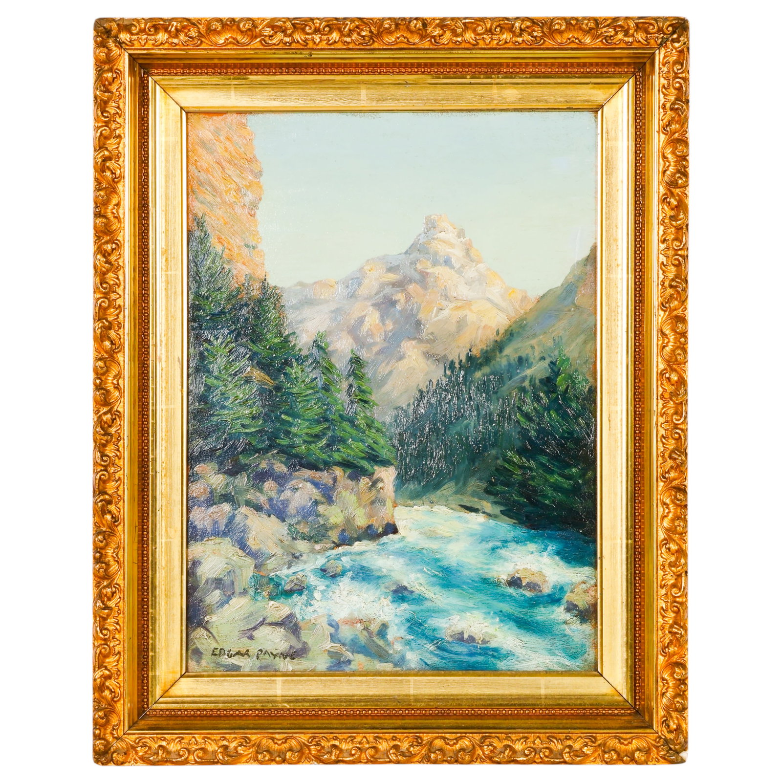 Edgar Payne 1883-1947 Mountain River View Painting: Edgar Alwin Payne (American, 1883-1947), oil painting on board depicting a dramatic mountain landscape with a rushing river and evergreen trees beneath a rocky alpine peak. The composition is rendered