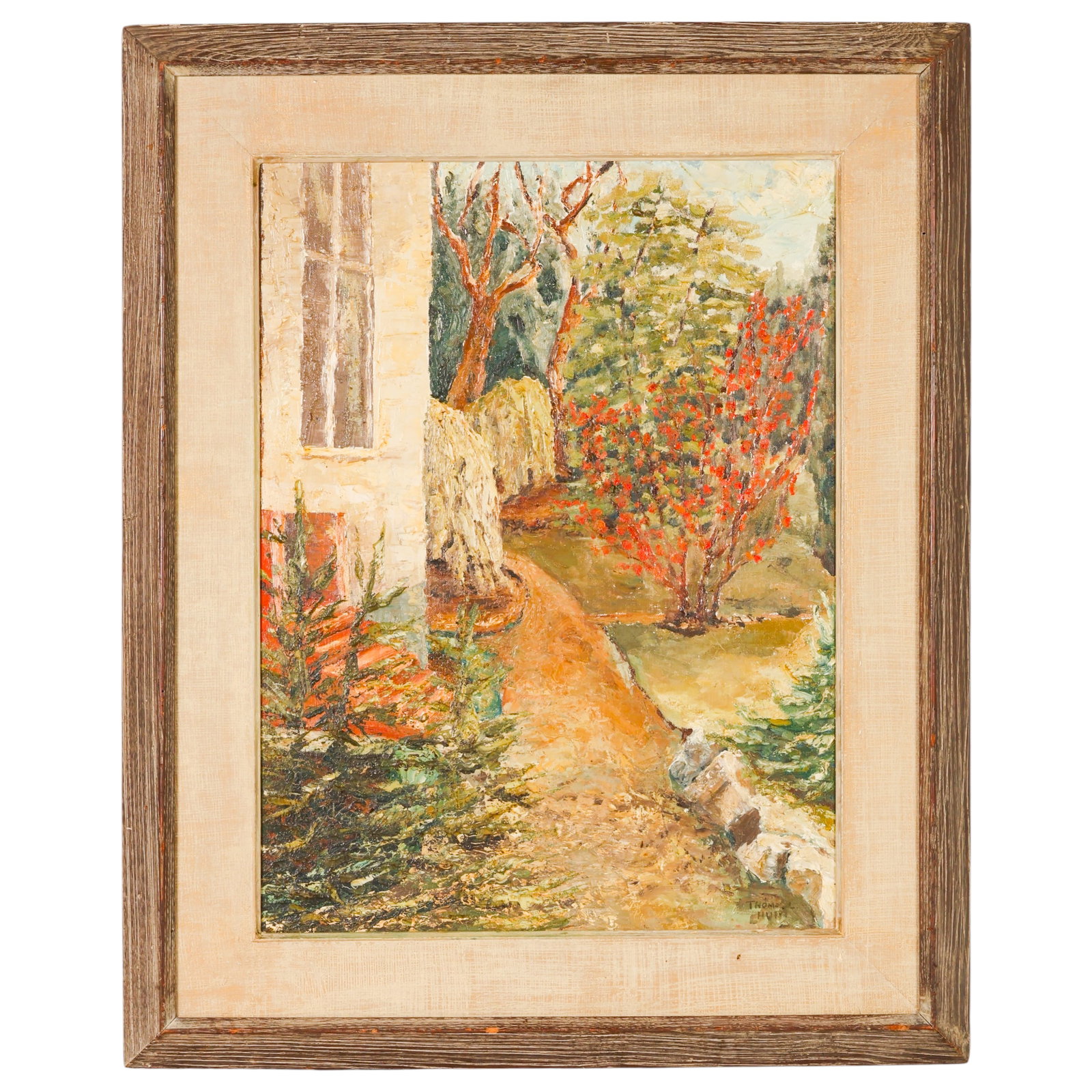 Thomas Lorranie Hunt 1882-1938 Garden Oil Painting: Thomas Lorraine Hunt (American, 1882-1938), oil painting on canvas depicting a garden pathway beside a stone building with flowering shrubs and trees rendered in an expressive Impressionist manner. Th