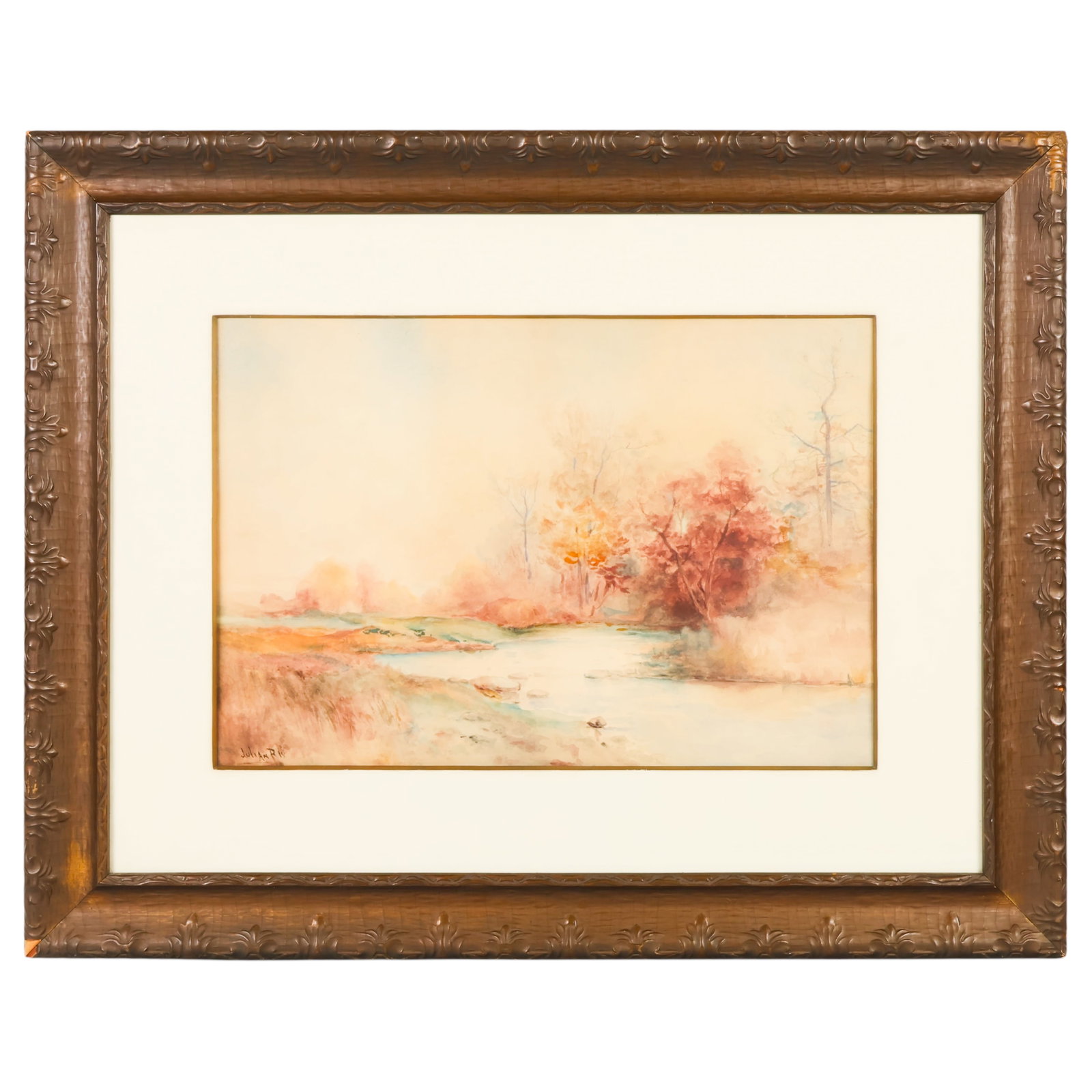 Julian Walbridge 1850-1903 Fall Landscape Painting: Julian Walbridge Rix (American, 1850-1903), antique watercolor on paper landscape painting depicting a tranquil countryside scene with a gently flowing stream, grassy banks, and sparse autumnal trees 