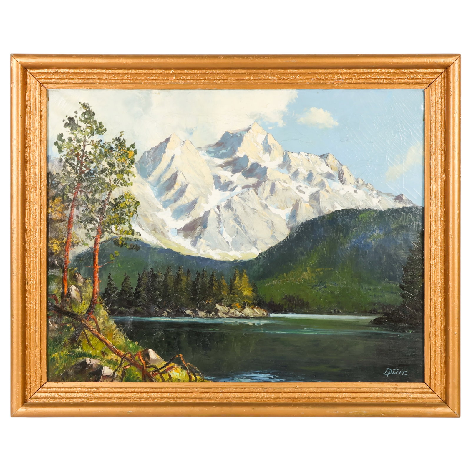 Hans Durr 1913-1993 Alpine Landscape Oil Painting: Hans Durr (German, 1913-1993), oil on canvas landscape painting depicting a dramatic snow-covered alpine mountain range rising above a tranquil lake with evergreen trees in the foreground. Rendered in