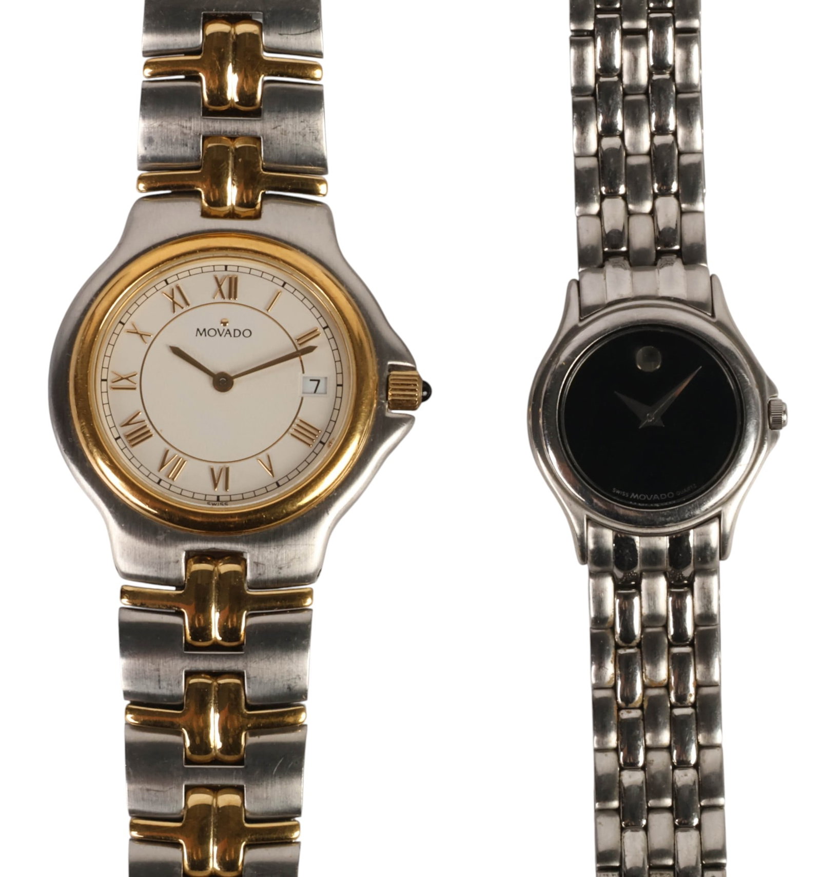 Movado Men's & Women's Wristwatches with Boxes LOT: Lot of two vintage Movado quartz wristwatches comprising a women's Museum model with signature black dial and silver-tone stainless steel multi-link bracelet, case measuring approximately 23 mm and fi