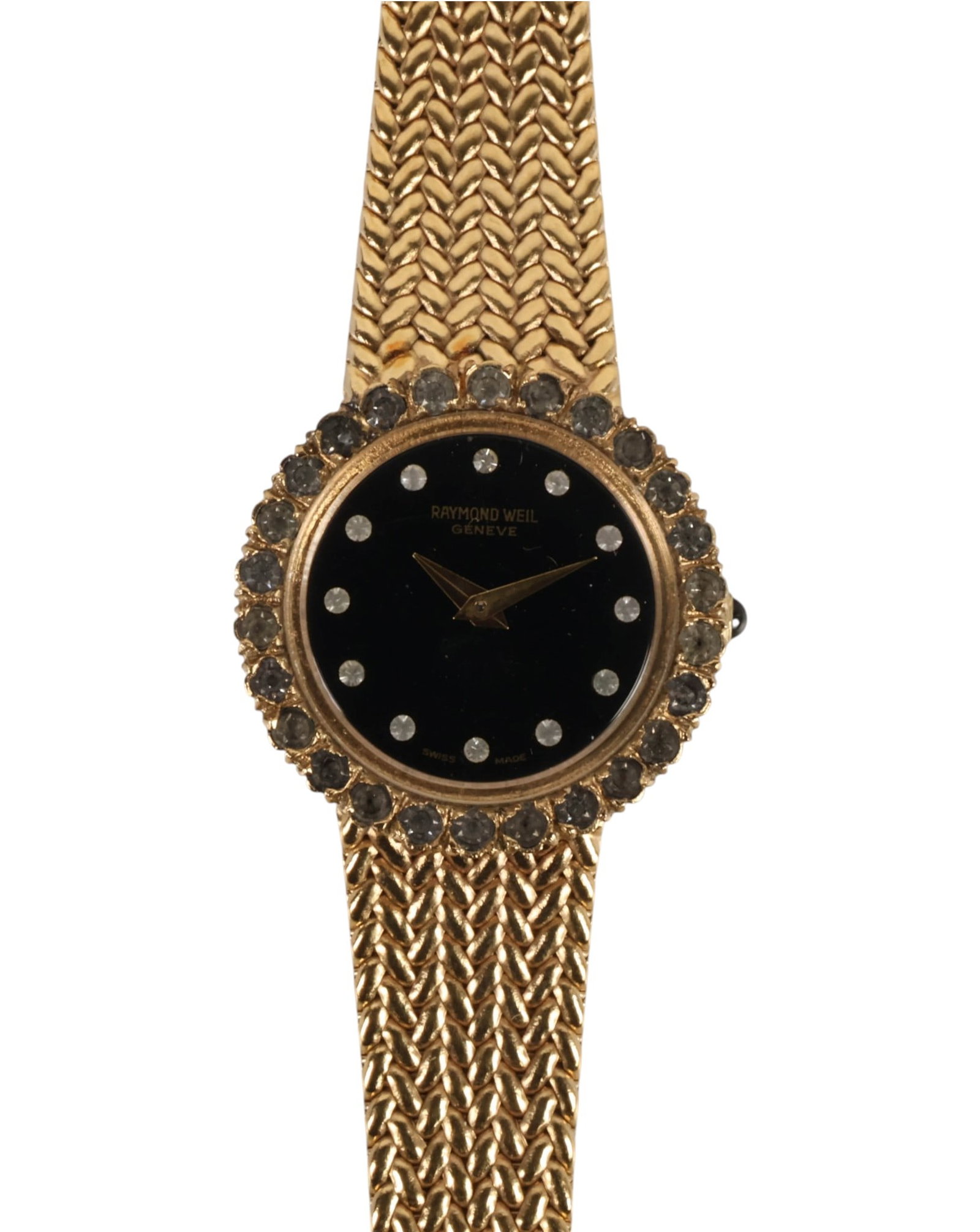 Raymond Weil 1615 Vintage Gold Plate Dress Watch: Raymond Weil Geneve vintage gold-tone women's dress wristwatch featuring a heavily gold-plated round case with a crystal-set bezel, black dial with round crystal-style hour markers, gold-tone dauphine