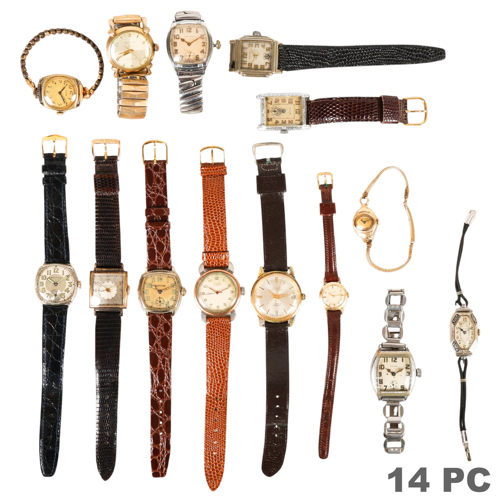Grana Hamilton Waltham and MORE Vintage Watch LOT: Collection of 14 antique and vintage wristwatches comprising one Elgin ladies wristwatch, one Hamilton wristwatch, five Waltham watches, four Bulova watches, one Grana by Kurth Freres wristwatch, one 