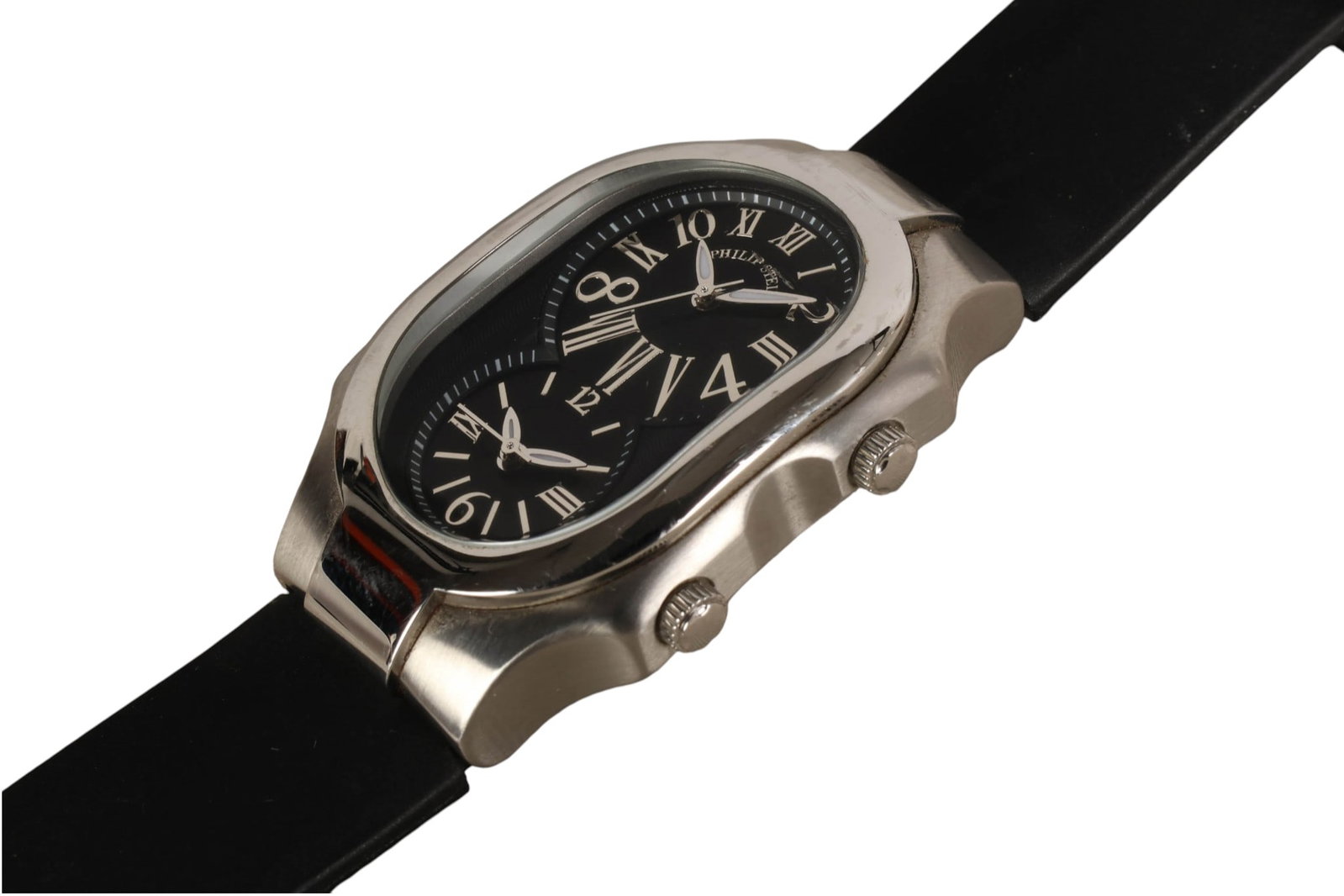 Phillip Stein Steel Case Dual-Time Quartz Watch: Philip Stein Signature dual-time quartz wristwatch featuring a curved rectangular stainless steel case with two independent black sunburst dials, Roman numeral hour markers, luminous-style hands, dual