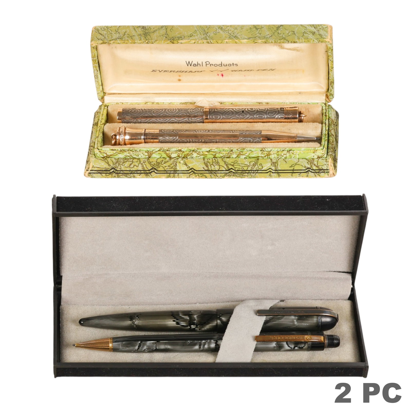 Antique Wahl Eversharp Pen and Pencil Sets 2pc LOT: Lot of two Wahl Eversharp writing instrument sets comprising an antique circa 1920s fountain pen and mechanical pencil set with ornate repeating Art Deco swirl-pattern gold-filled bodies, the fountain