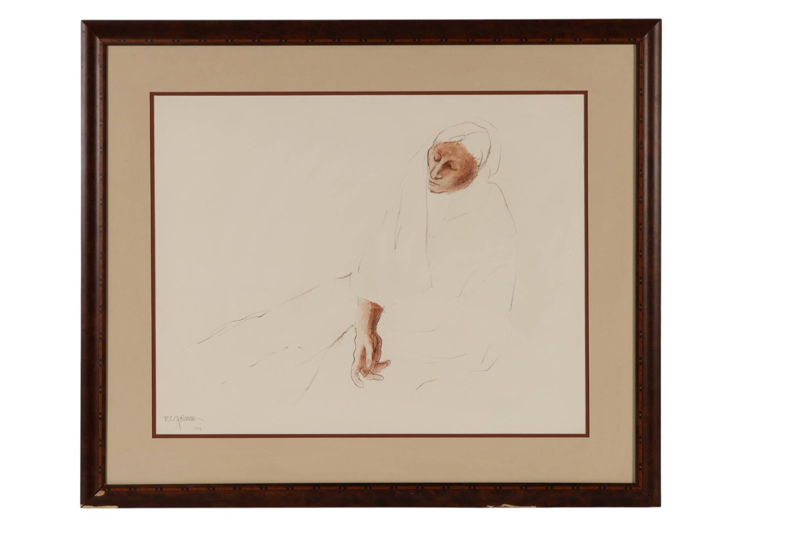 R.C. Gorman 1931-2005 Seated Figure Study Drawing: Rudolph Carl Gorman (Native American, 1931-2005) watercolor and pastel on paper depicting a seated Native American figure rendered with delicate linear contours and selectively modeled areas of warm b