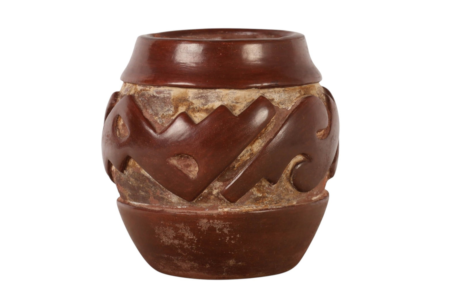 Margaret Tafoya 1904-2001 Santa Clara Pottery Jar: Margaret Tafoya (Santa Clara Pueblo, 1904-2001), hand-coiled and carved pottery jar with a polished deep brown surface, featuring a deeply carved geometric Avanyu-style design with contrasting matte r