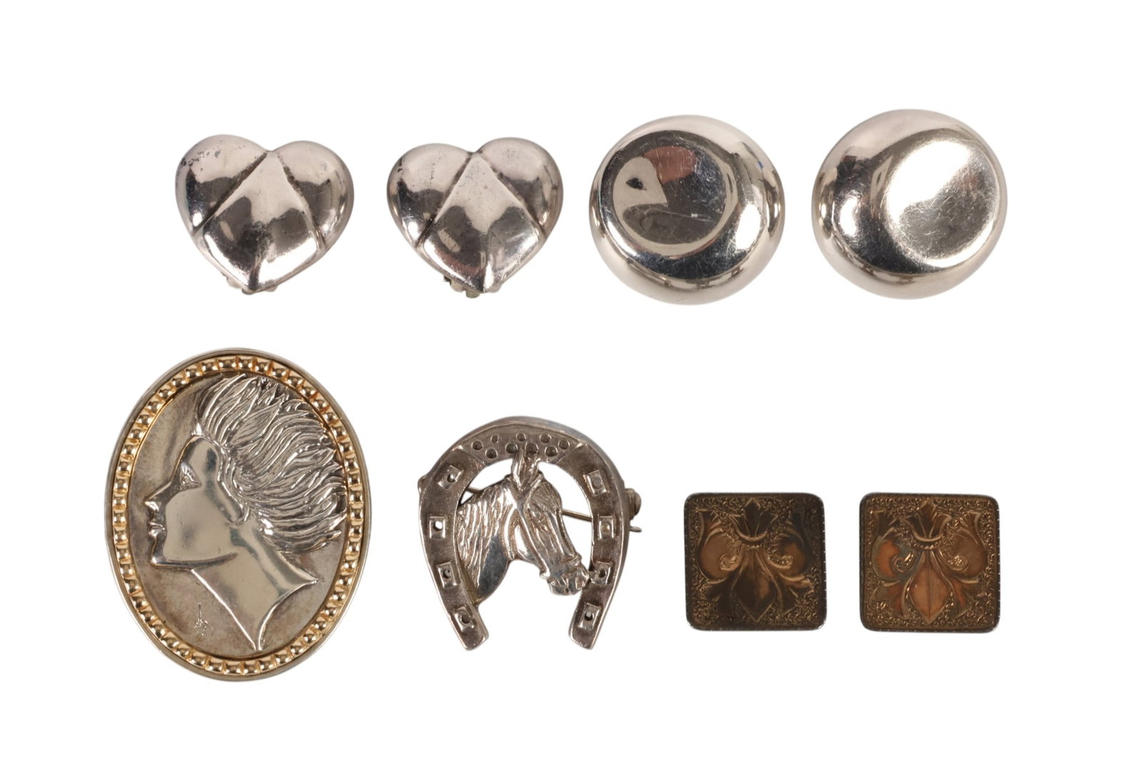 Tiffany Elsa Peretti Sterling Earrings & More LOT: Lot of sterling silver designer and vintage jewelry, including a pair of Tiffany & Co. Elsa Peretti sterling silver Bean clip-on earrings, approximately 23 mm, with branded pouch; vintage fleur-de-lis