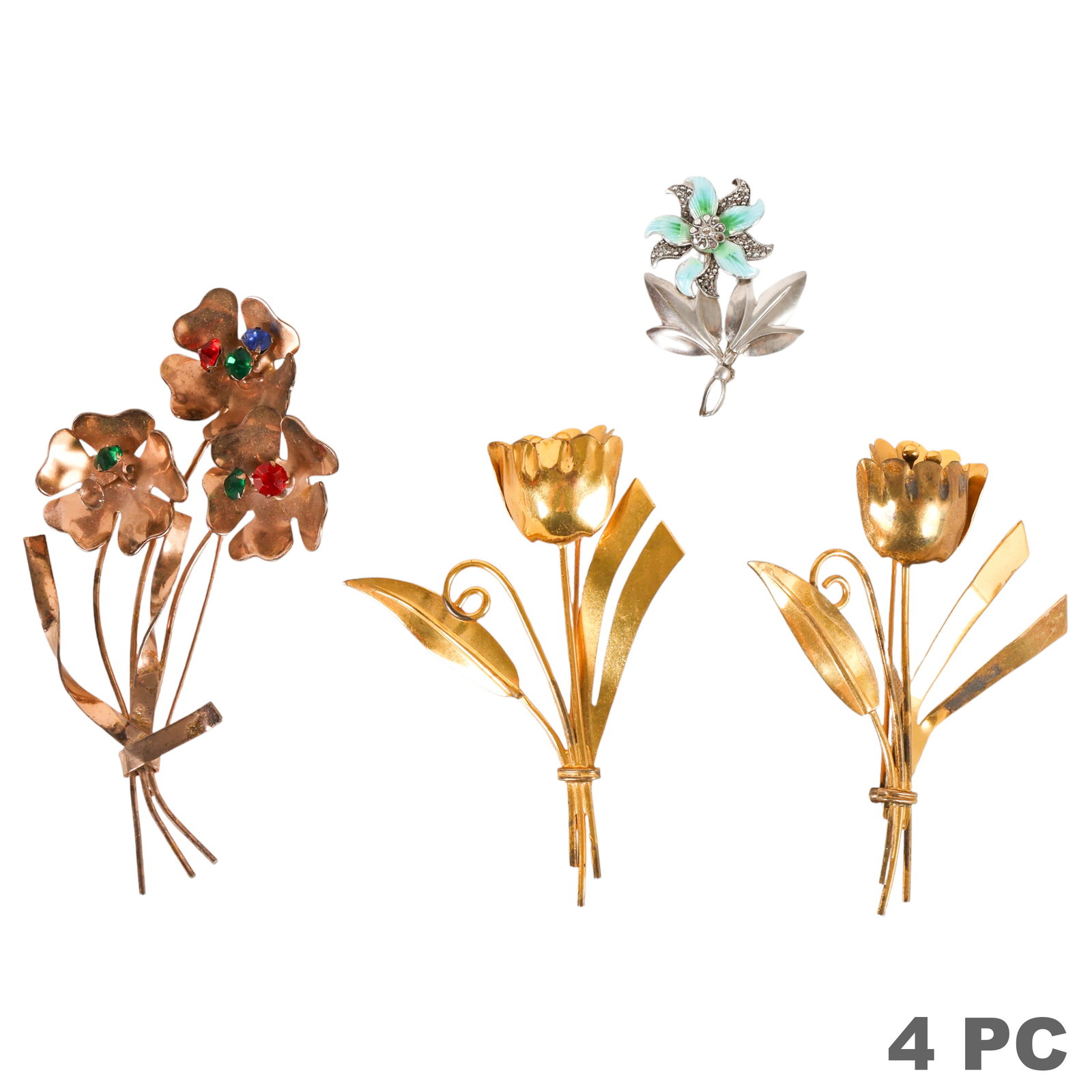 CoroCraft & Coro Vintage Sterling Floral Pins LOT: Lot of four vintage sterling silver floral brooches comprising two matching CoroCraft gold-washed flower spray brooches; one larger Coro floral brooch set with multicolor rhinestones; and one smaller 