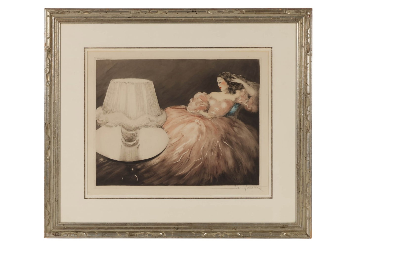 Louis Icart 1888-1950 "Lampshade" Etching SIGNED: Louis Icart (French, 1888-1950), Lampshade, Art Deco color etching on paper depicting an elegantly dressed woman reclining beside an illuminated table lamp. Signed lower right, bearing a blind stamp l