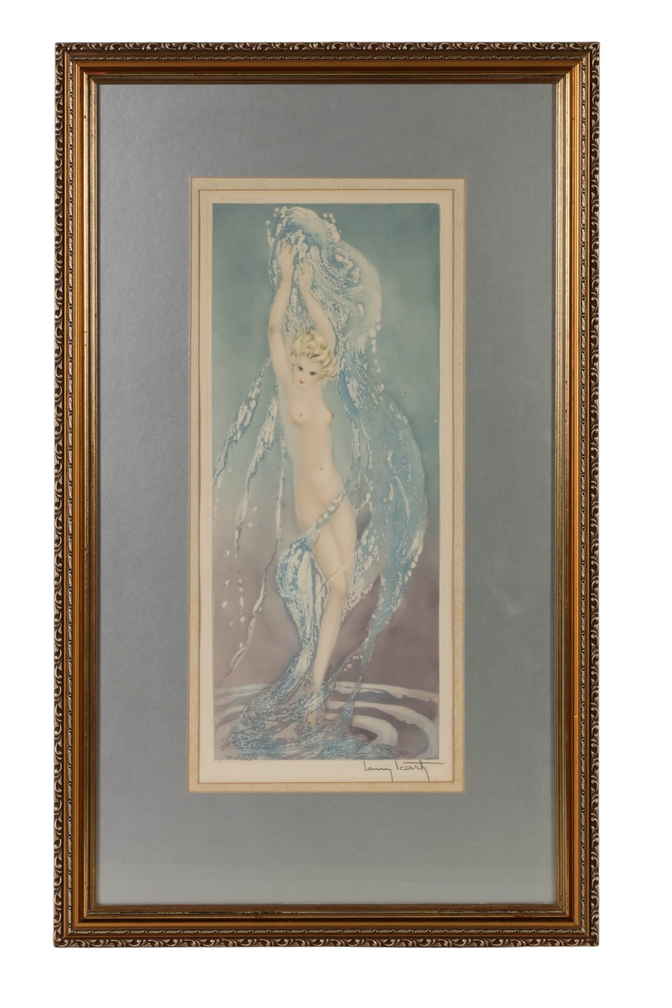 Louis Icart 1888-1950 The Fountain Etching SIGNED: Louis Icart (French, 1888-1950), Fountain, Art Deco color etching on paper depicting a nude woman standing beneath cascading water. Signed lower right, numbered 21, bearing a blind stamp lower left, a