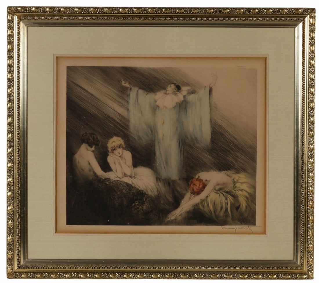 Louis Icart 1888-1950 "Le Poeme" Etching SIGNED: Louis Icart (French, 1888-1950), Le Poeme, Art Deco color etching on paper depicting Pierrot dramatically reciting before three seated women. Signed lower right, numbered 256 and bearing a blind stamp