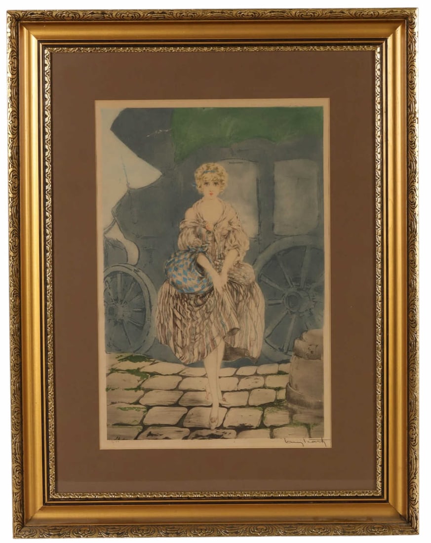 Louis Icart 1888-1950 "Manon" Deco Etching SIGNED: Louis Icart (French, 1888-1950), Manon, Art Deco color etching on paper depicting an elegantly dressed woman seated before a carriage on a cobblestone street. Signed lower right, bearing a pencil insc