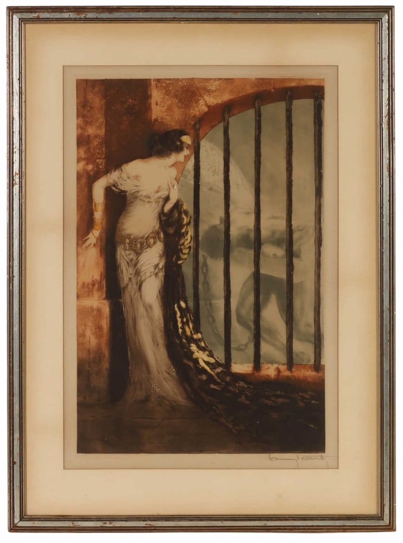 Louis Icart 1888-1950 "Dalila" Deco Etching SIGNED: Louis Icart (French, 1888-1950), Dalila, Art Deco color etching on paper depicting an elegantly dressed woman standing beside a barred window overlooking a distant landscape. Signed lower right, numbe