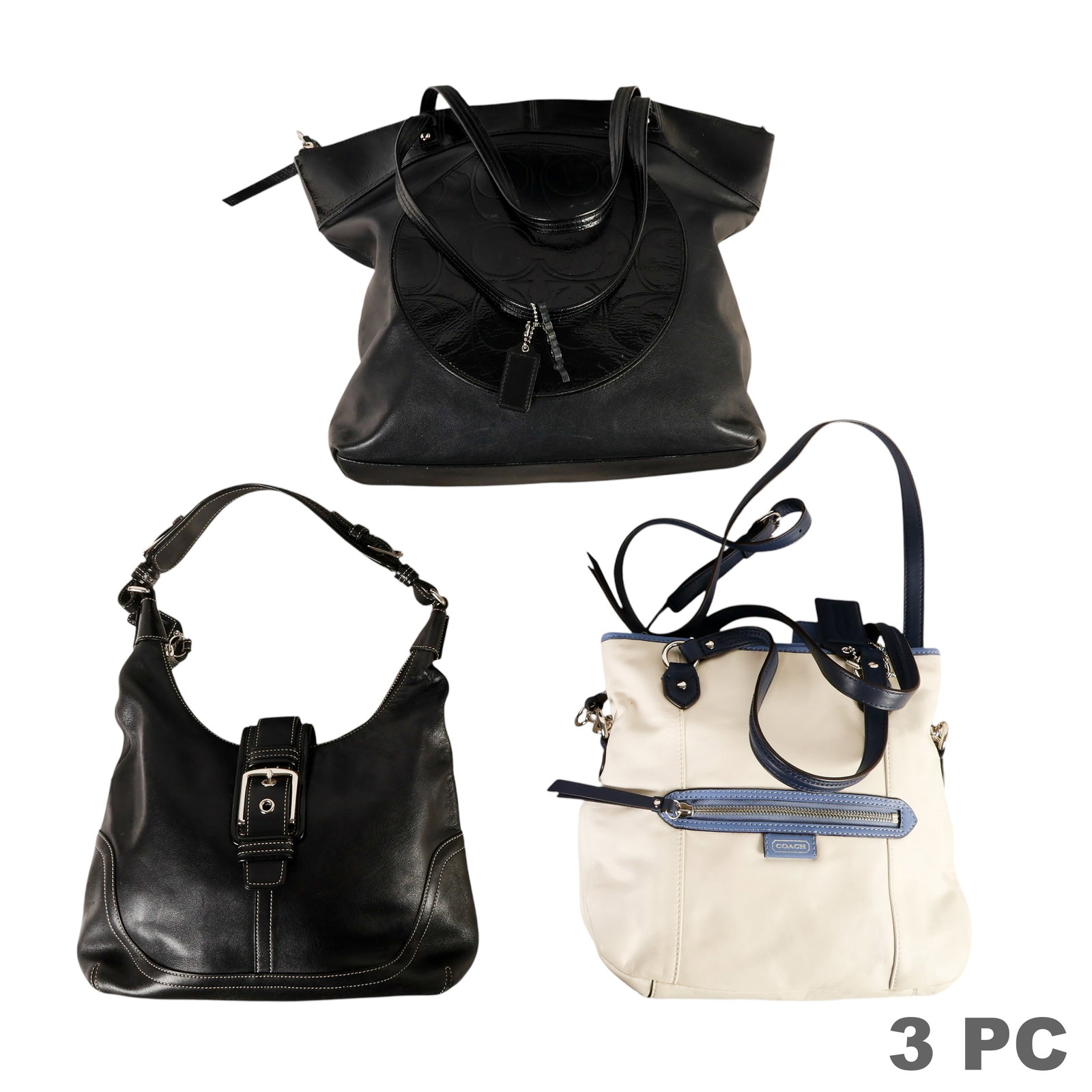 Coach Leather Ladies Shoulder Bags & Purse 3pc LOT: Coach lot of three leather handbags comprising one white and blue Daisy Spectator Mia bag with front zip pocket, blue leather trim, and coordinating handles, measuring approximately 10 x 10 x 3 inches