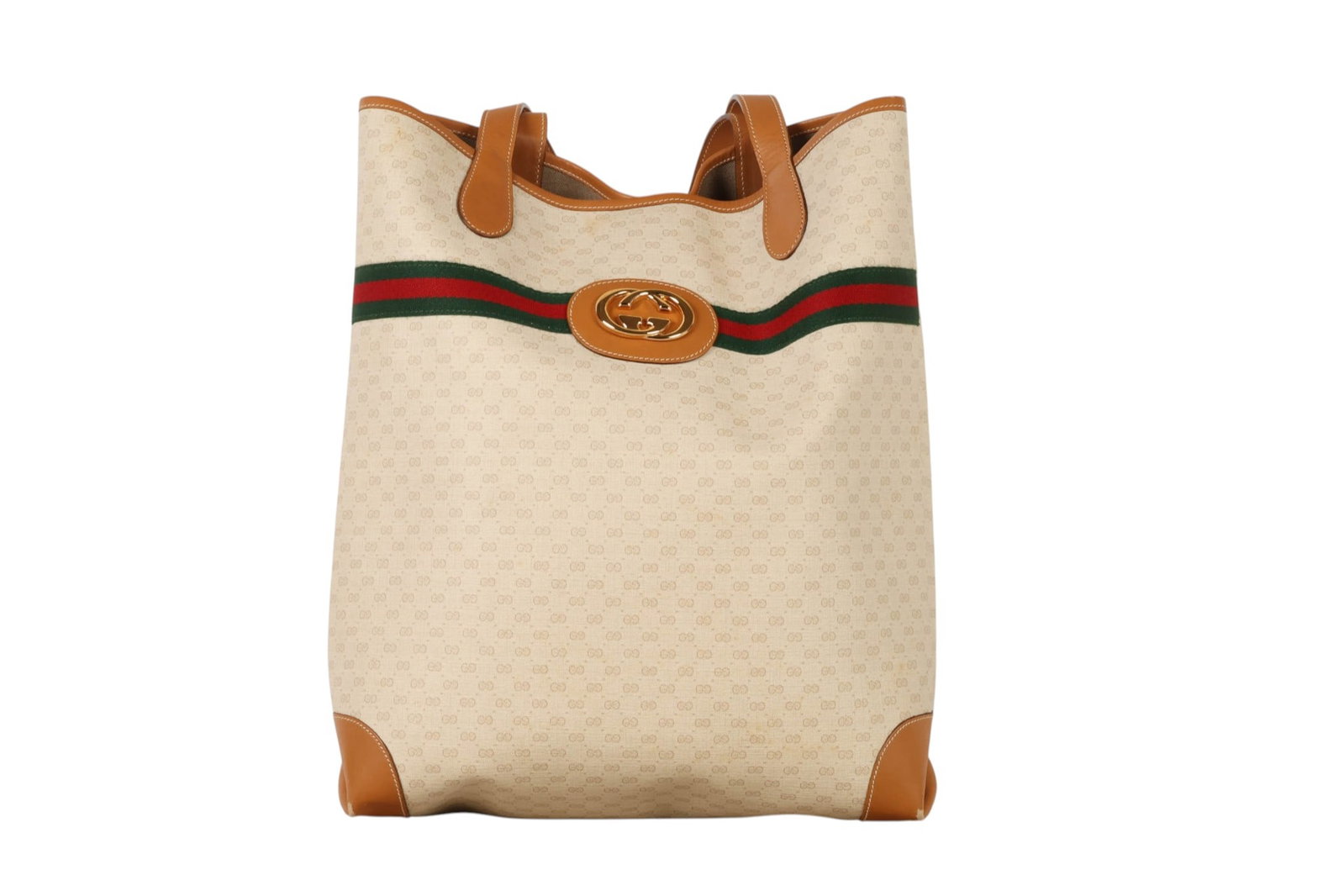Gucci Vintage Micro GG Supreme Web Stripe Tote Bag: Vintage Gucci Italian tote bag featuring the signature Micro GG Supreme monogram throughout, accented with tan leather trim and the iconic green and red Web stripe. The front is centered by a gold-ton