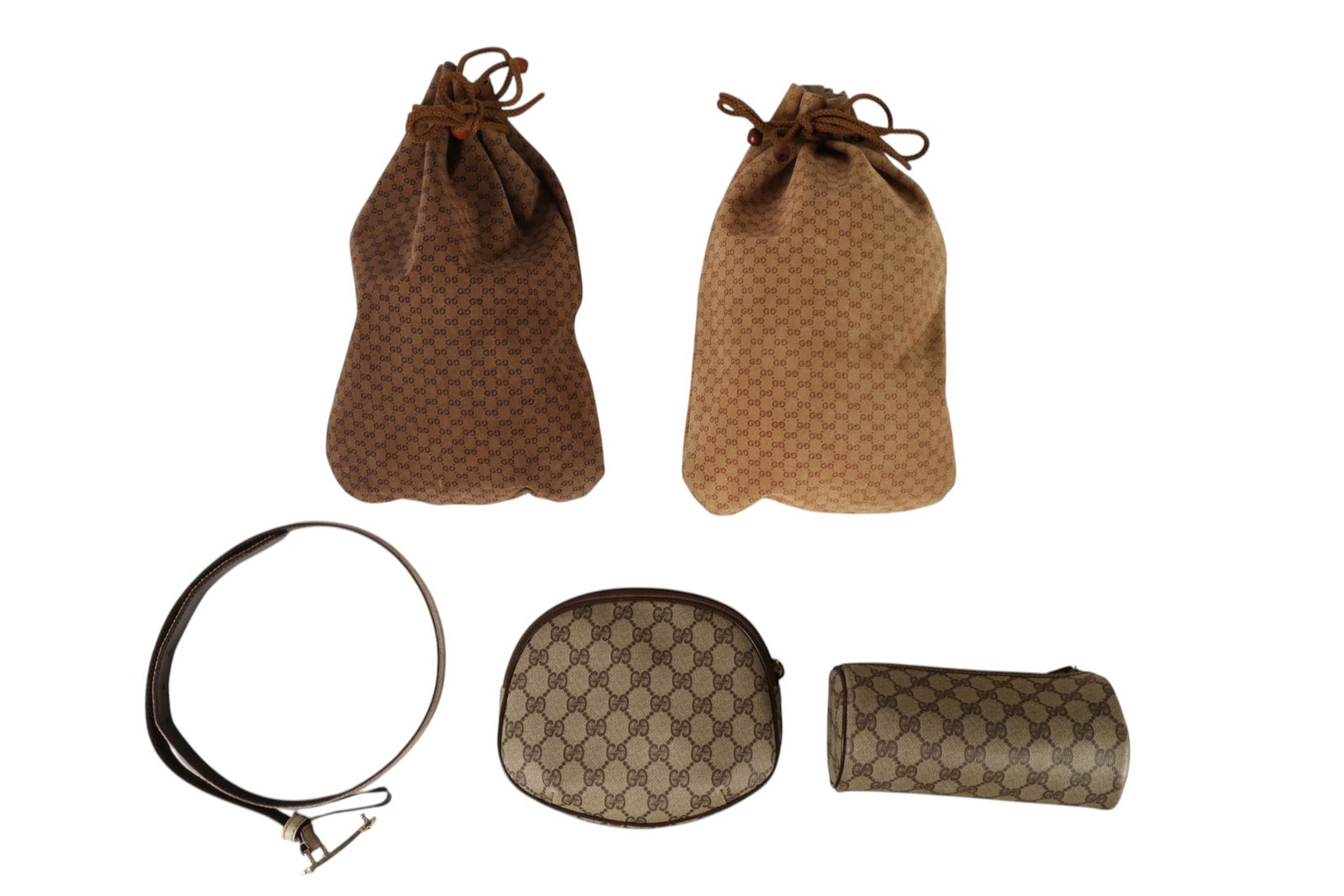 Gucci Vintage GG Monogram Bags and Belt 5pc LOT: Gucci five-piece vintage accessories lot comprising two brown suede drawstring pouches with allover Micro GG monogram pattern; two GG Supreme coated canvas zippered cosmetic or accessory cases with br