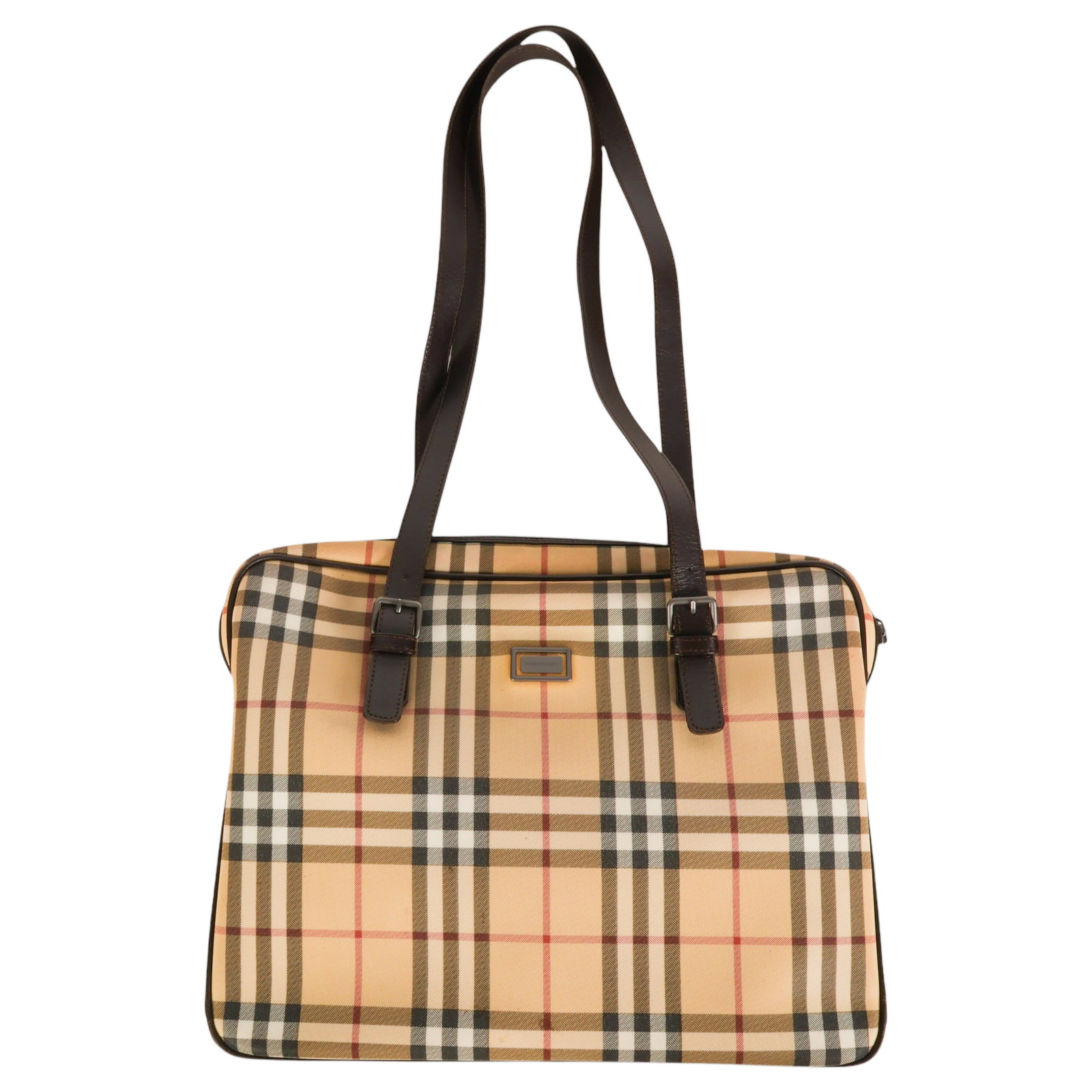 Burberry Vintage Classic Nova Check Shoulder Bag: Vintage Burberry Nova Check shoulder bag featuring the iconic beige, black, white, and red plaid canvas with dark brown leather trim and dual adjustable shoulder straps with buckle accents, each with 
