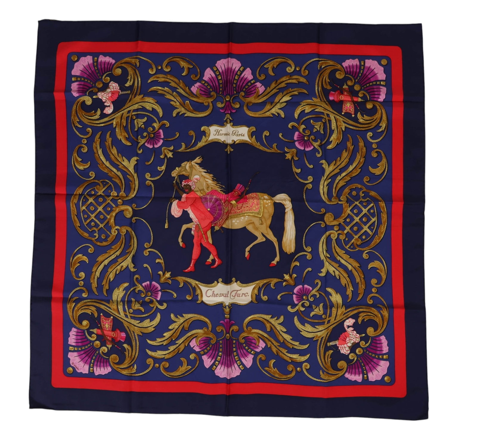 Hermes Vintage "Cheval Turc" Carre 90 Silk Scarf: Vintage Hermes "Cheval Turc" Carre 90 silk scarf, designed by Christiane Vauzelle, featuring a richly colored equestrian composition with a Turkish horse and attendant surrounded by elaborate gilt-sty