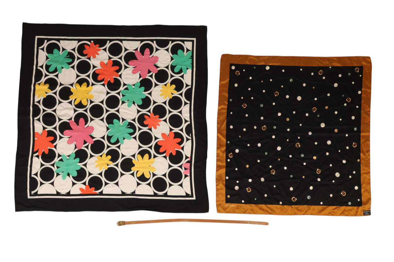 Gucci Belt and Mikimoto & St John Silk Scarves LOT: Lot of three designer fashion accessories comprising one St. John silk scarf with bold black-and-white geometric pattern accented by colorful floral motifs in teal, orange, yellow, and pink; one Mikim