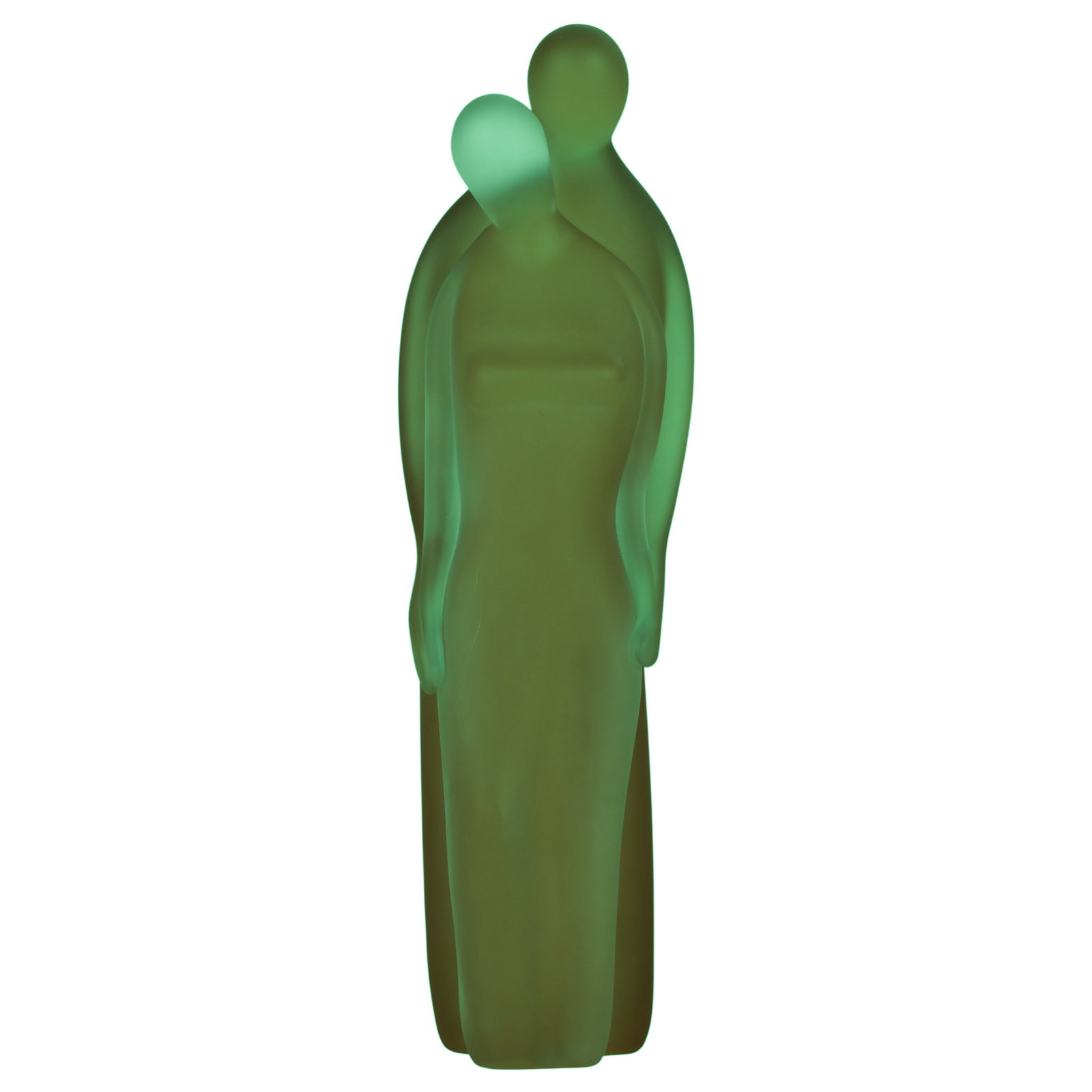 Murano Art Glass Figural Embraced Lovers Sculpture: Italian Murano glass sculpture depicting an abstract embracing couple, handcrafted in layered frosted glass with graduated smoky gray, olive green, and pale translucent tones. No apparent maker's mark
