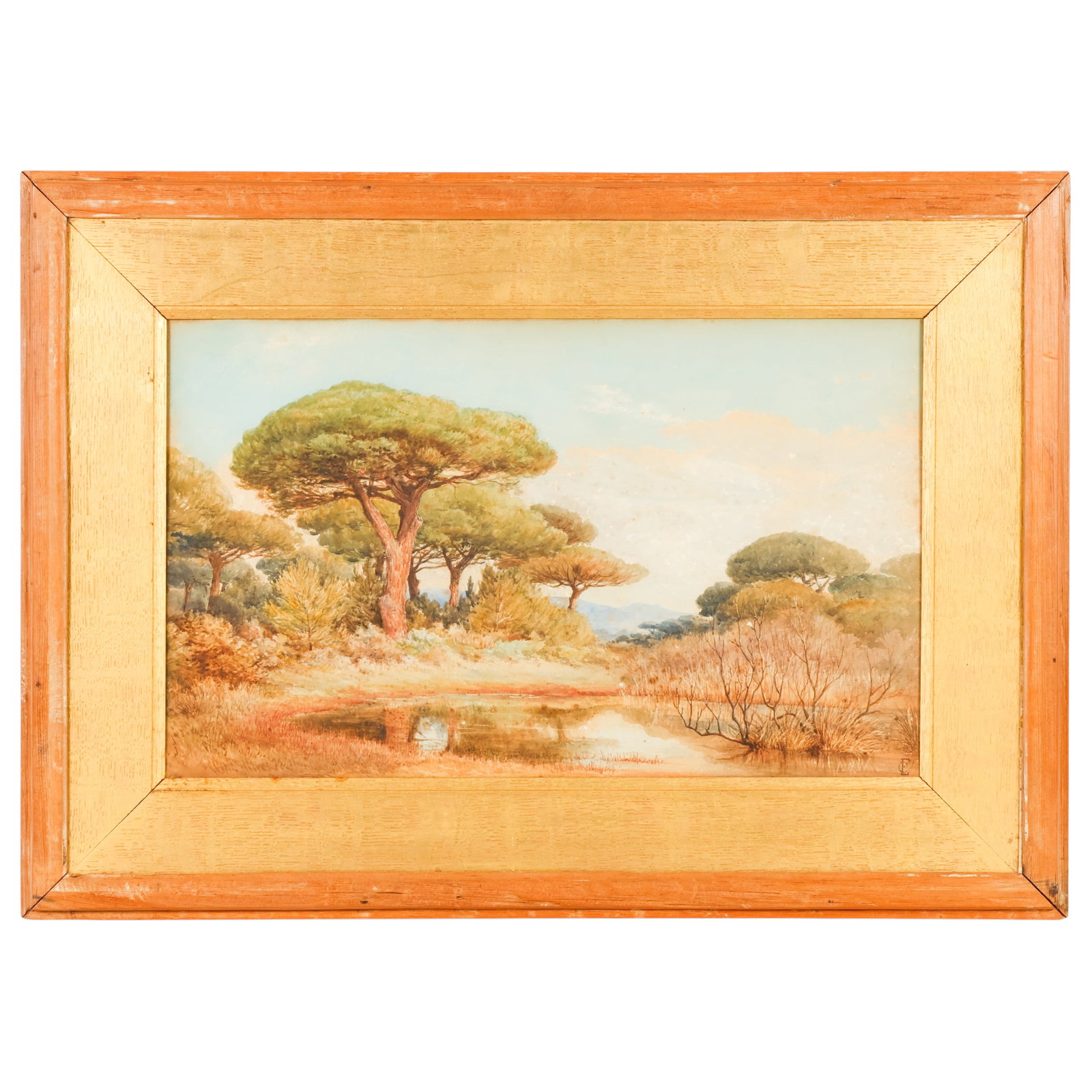 Josef C. Ettinger 1805-1860 Landscape Watercolor: Josef Carl Ettinger (German, 1805-1860), landscape watercolor painting on paper depicting a tranquil countryside scene with tall umbrella pines, reflective water, and distant mountainous terrain benea