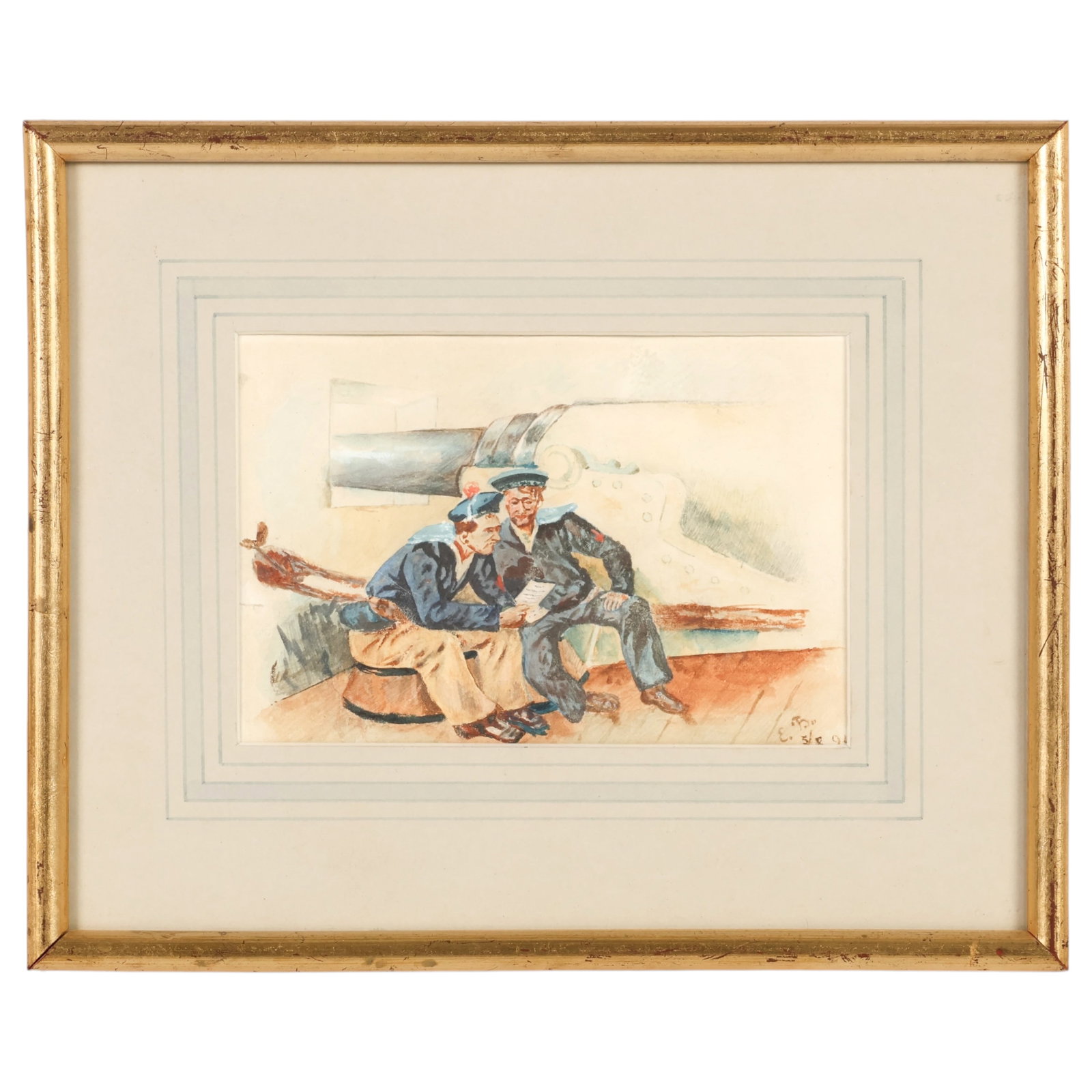 Elizabeth Butler 1851-1933 Two Sailors Watercolor: Elizabeth (Lady Elizabeth Southerden Thompson Butler) Butler (Swiss/Irish, 1851-1933) watercolor on paper depicting two seated sailors in uniform reading correspondence aboard a ship. The composition 