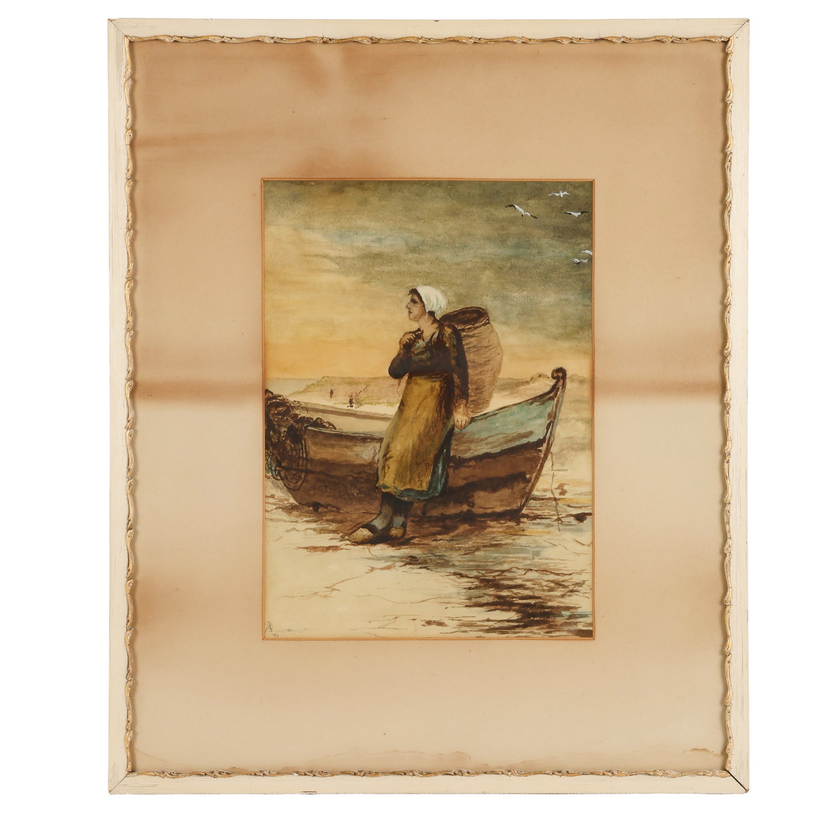 James W Freeth 1872-1949 Fisherwoman Watercolor: James Wilfred Freeth (British, 1872-1949), watercolor on paper depicting a coastal figure standing beside a small fishing vessel along the shoreline. The composition features a muted palette with soft