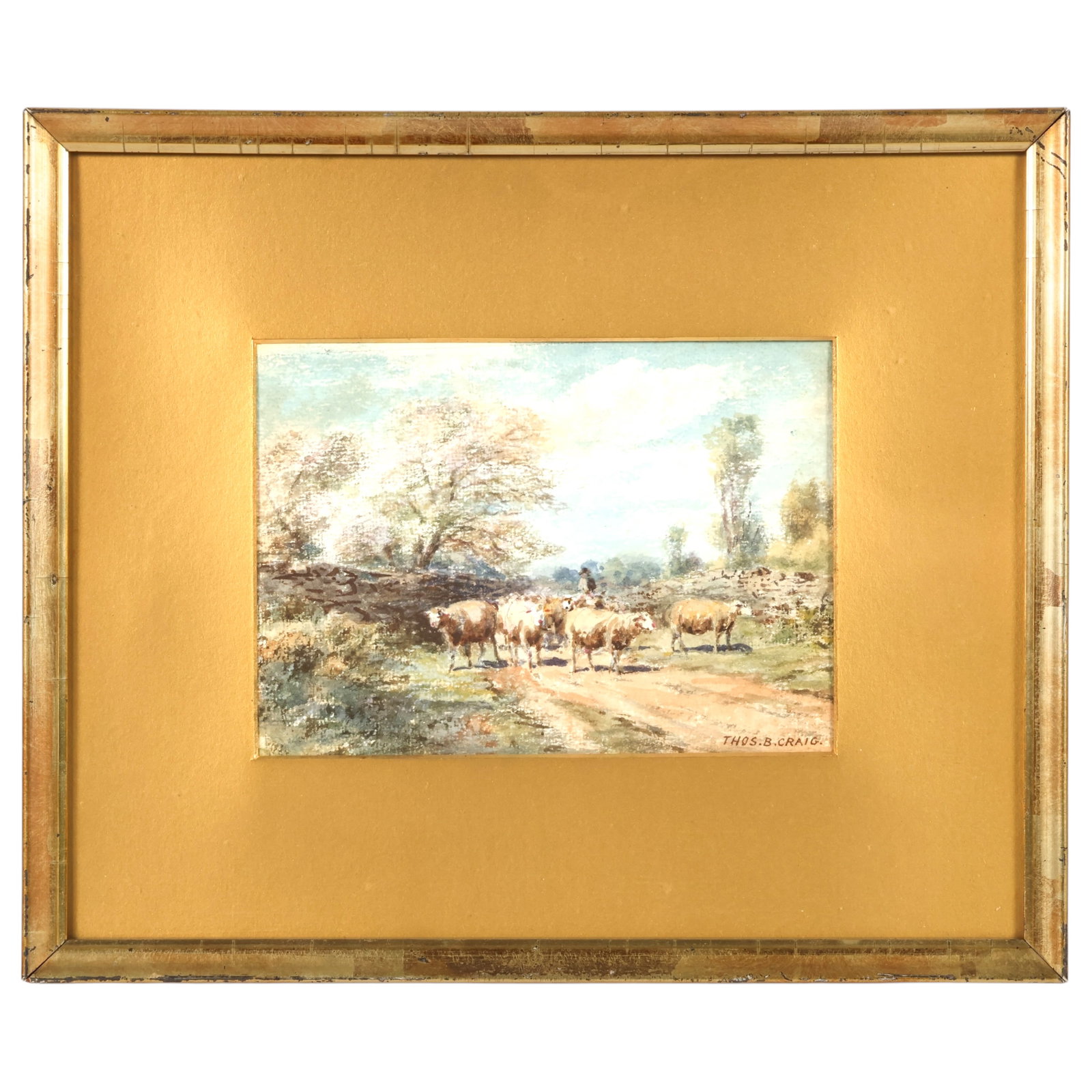 Thomas Bigelow Craig 1849-1924 Pastoral Watercolor: Thomas Bigelow Craig (American, 1849-1924), watercolor painting on paper depicting a flock of sheep crossing a country road beneath tall trees and an open sky. The pastoral composition demonstrates th