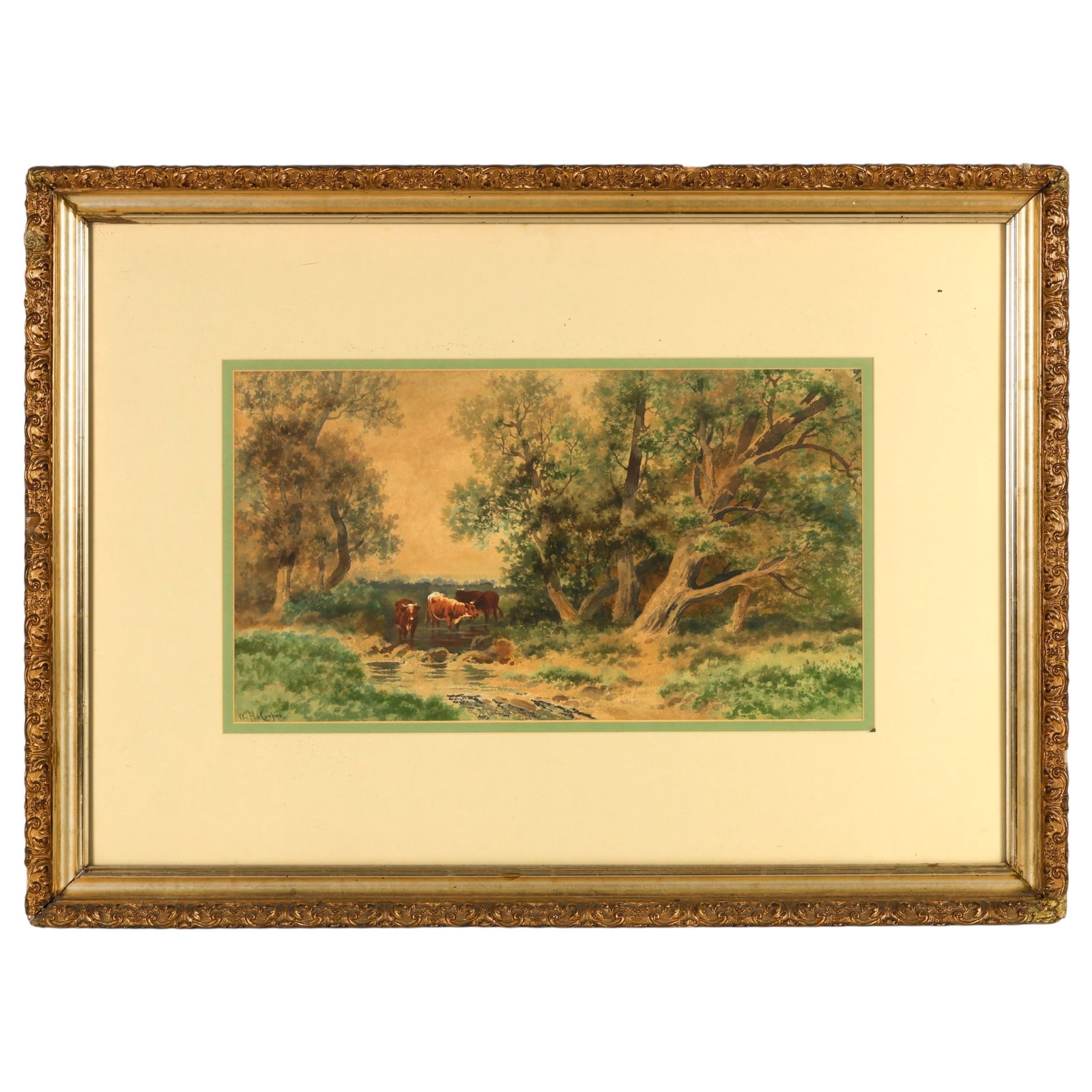 William Heaton Cooper 1903-1995 Pastoral Painting: William Heaton Cooper (British, 1903-1995), watercolor on paper landscape painting depicting cattle gathered near a wooded stream beneath large trees in a pastoral countryside setting. Rendered in nat