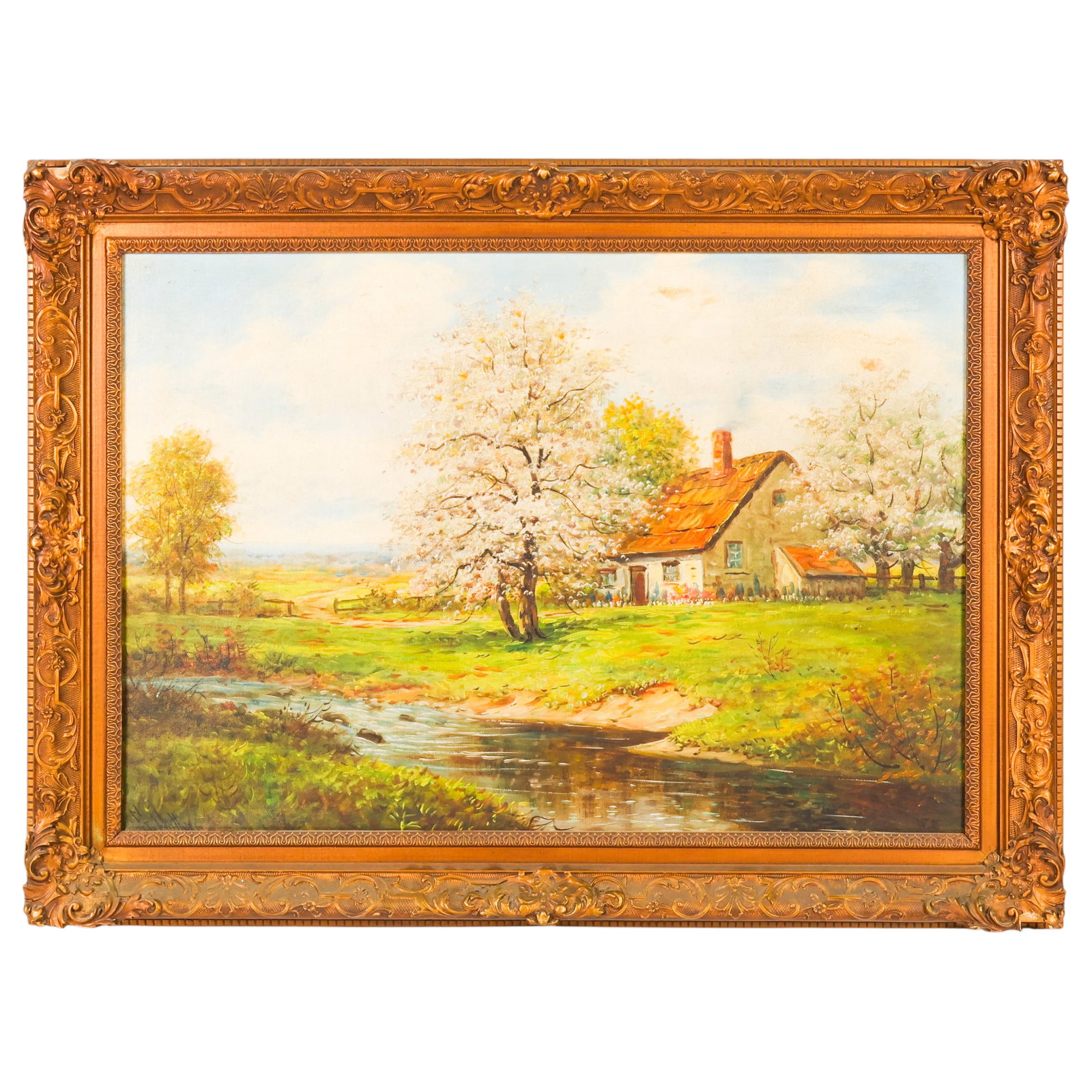 Gregory Hollyer 1871-1965 Cottage Scene Painting: Gregory Hollyer (British, 1871-1965), oil on canvas landscape painting depicting a countryside cottage beside a flowing stream with blossoming trees beneath a bright sky. Rendered in soft naturalistic