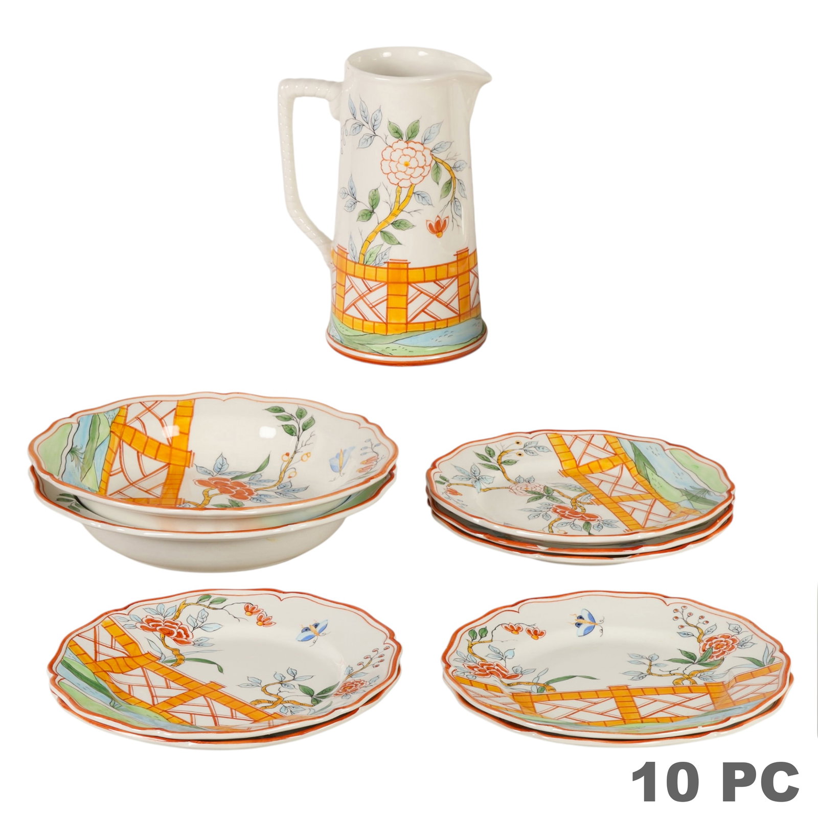 Tiffany & Co Este Ceramic Plates & Bowls 10pc SET: Tiffany & Co. Chinese Fence 10-piece vintage Italian porcelain dinnerware service handcrafted by Este Ceramiche for Tiffany & Co., comprising seven plates, two large serving bowls, and one water pitch