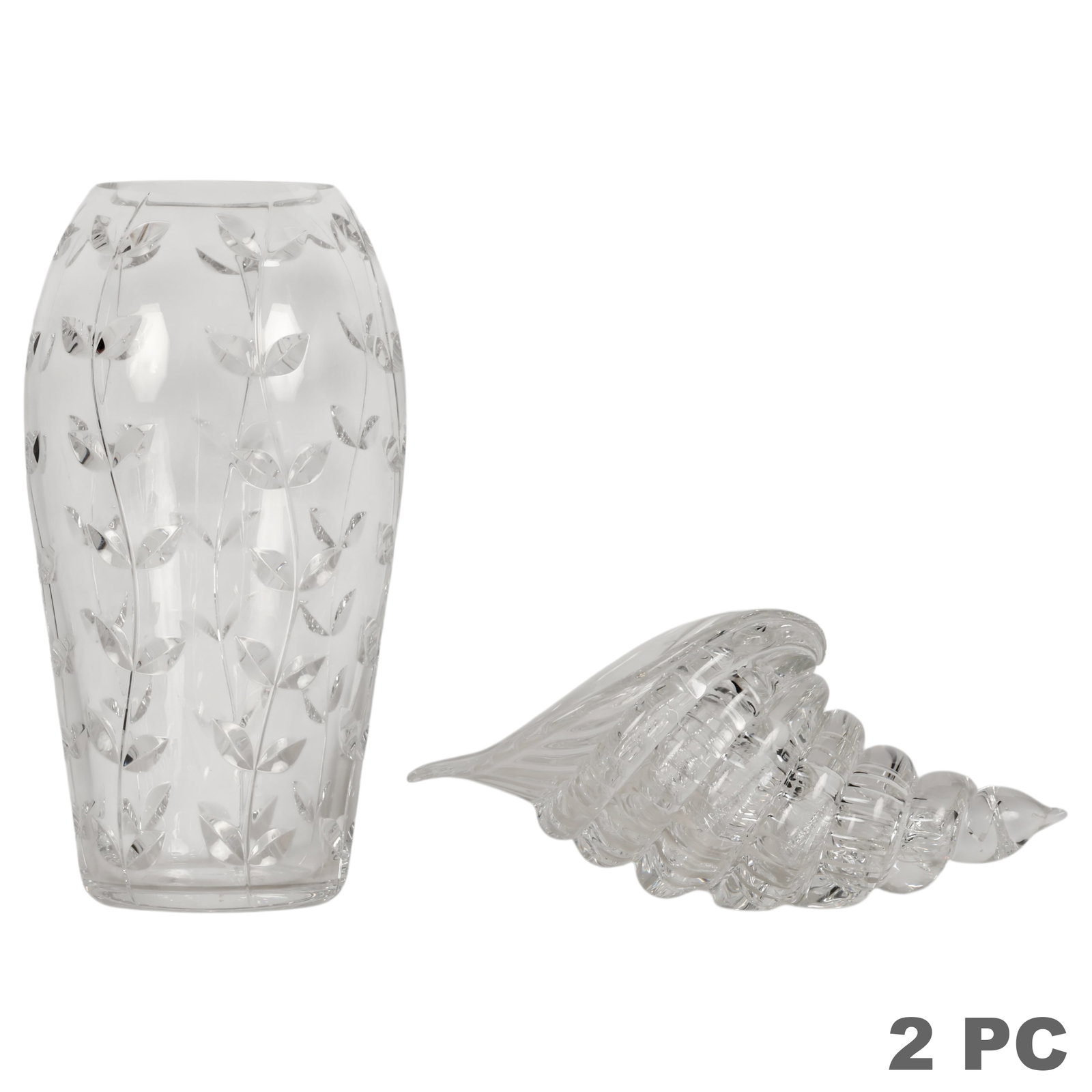 Tiffany & Co Crystal Vase & Artisan Crystal Shell: Two-piece crystal lot comprising a Tiffany & Co. clear crystal vase of tall oval form with cut leafy vine decoration; together with an artisan-signed lead crystal shell sculpture featuring a dimension