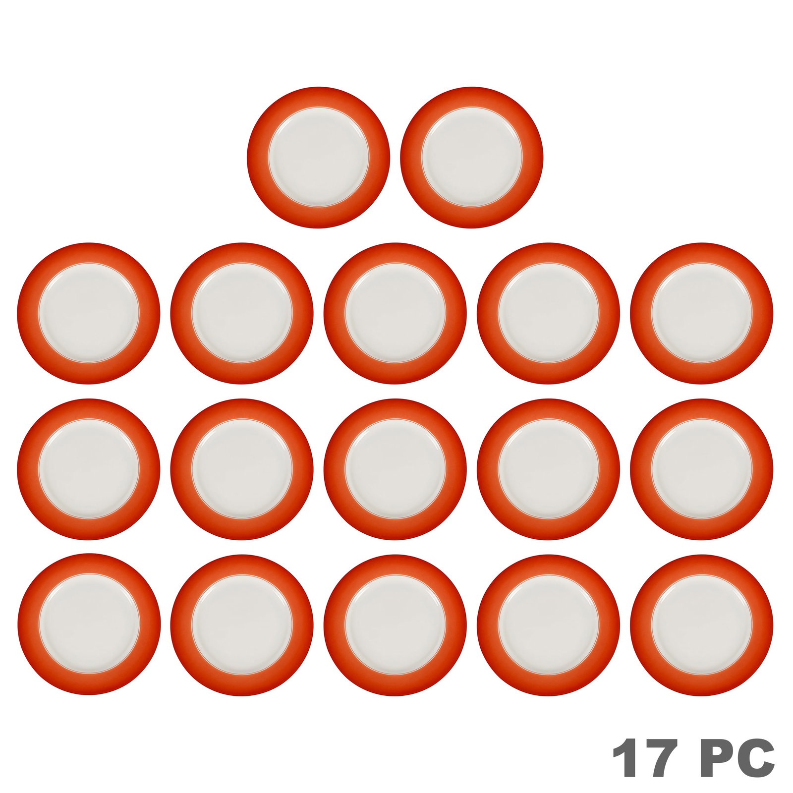 Lynn Chase Rust Red "Accents" Dinner Plates 17pc: Lynn Chase Designs set of 17 vintage Rust Red "Accents" porcelain dinner plates featuring white centers with wide rust-red borders and fine white rim accents. Undersides bear Lynn Chase maker's marks.
